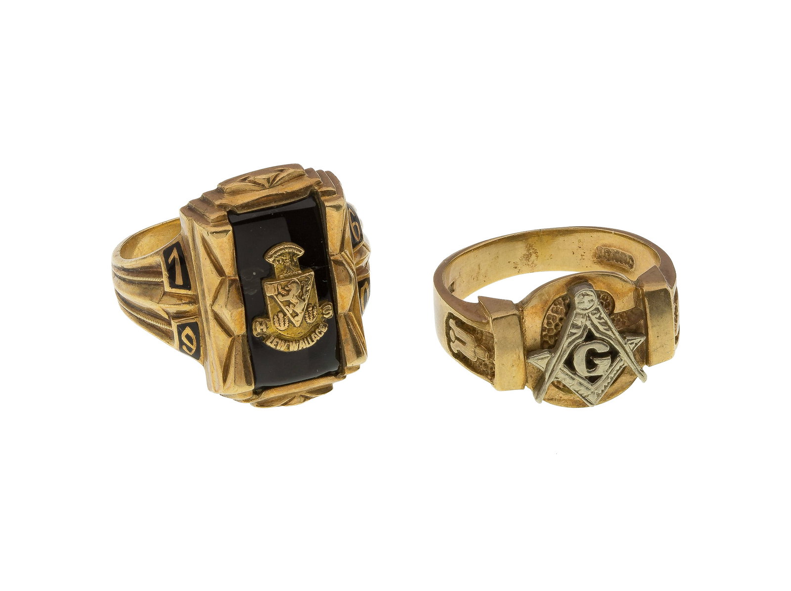10k Yellow Gold Rings: 10k Yellow Gold Rings (2) items including a Lew Wallace High School ring having a black onyx background and a two-toned Masonic ring (marked '10k') Property from: an Estate, Northfield, Illinois