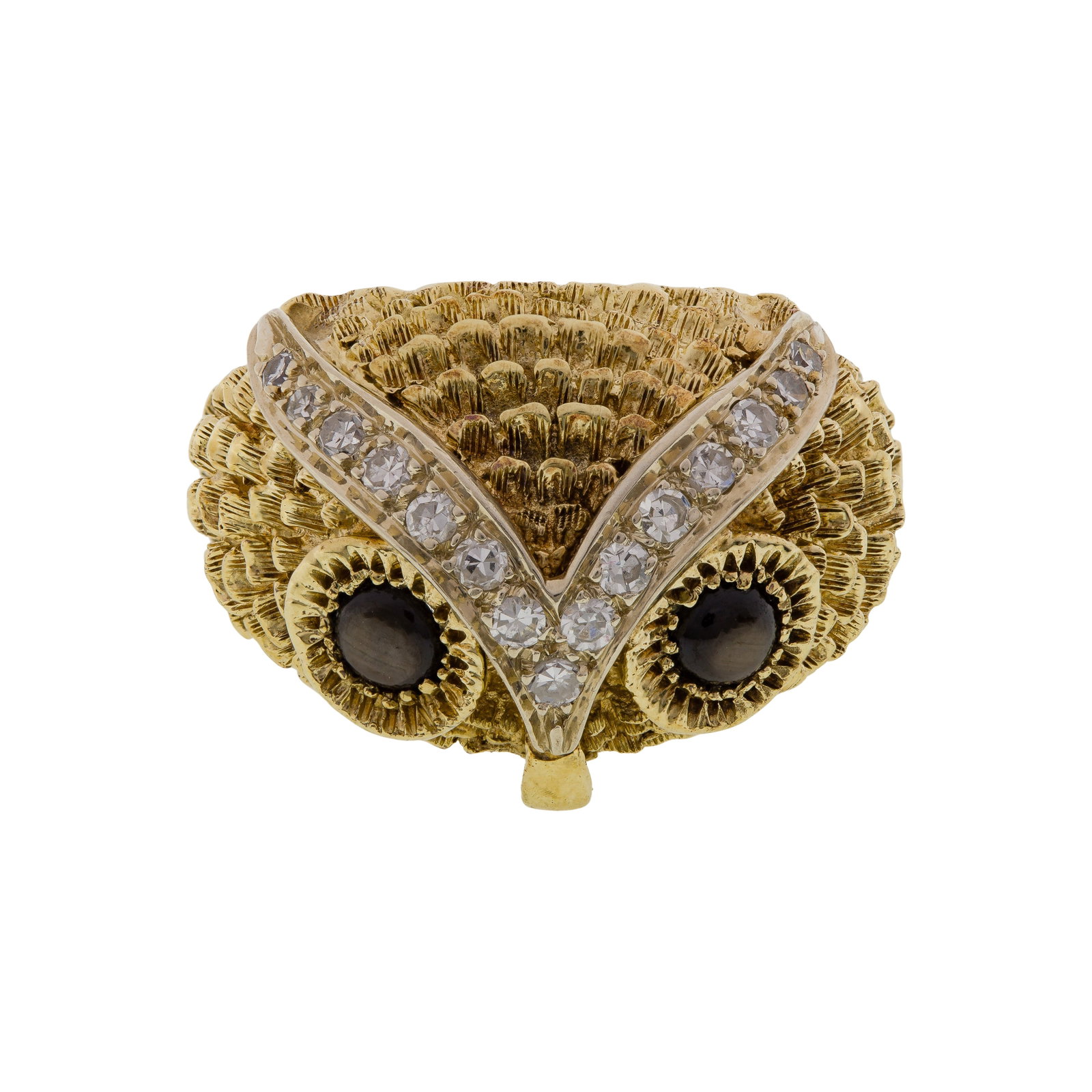14k Yellow Gold, Sapphire and Diamond Owl Ring: 14k Yellow Gold, Sapphire and Diamond Owl Ring Having cabochon eyes, round cut diamonds forming the brow (unmarked 14k), including Cooper Jewelers presentation boxes Property from: a Private