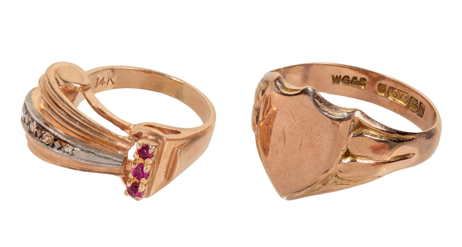 14k and 9k Rose Gold Rings: 14k and 9k Rose Gold Rings (2) items including a signet ring (marked '14k') and a diamond and ruby accented ring (marked '.375') Property from: a Private Collector, Glen Ellyn, Illinois Size: 9