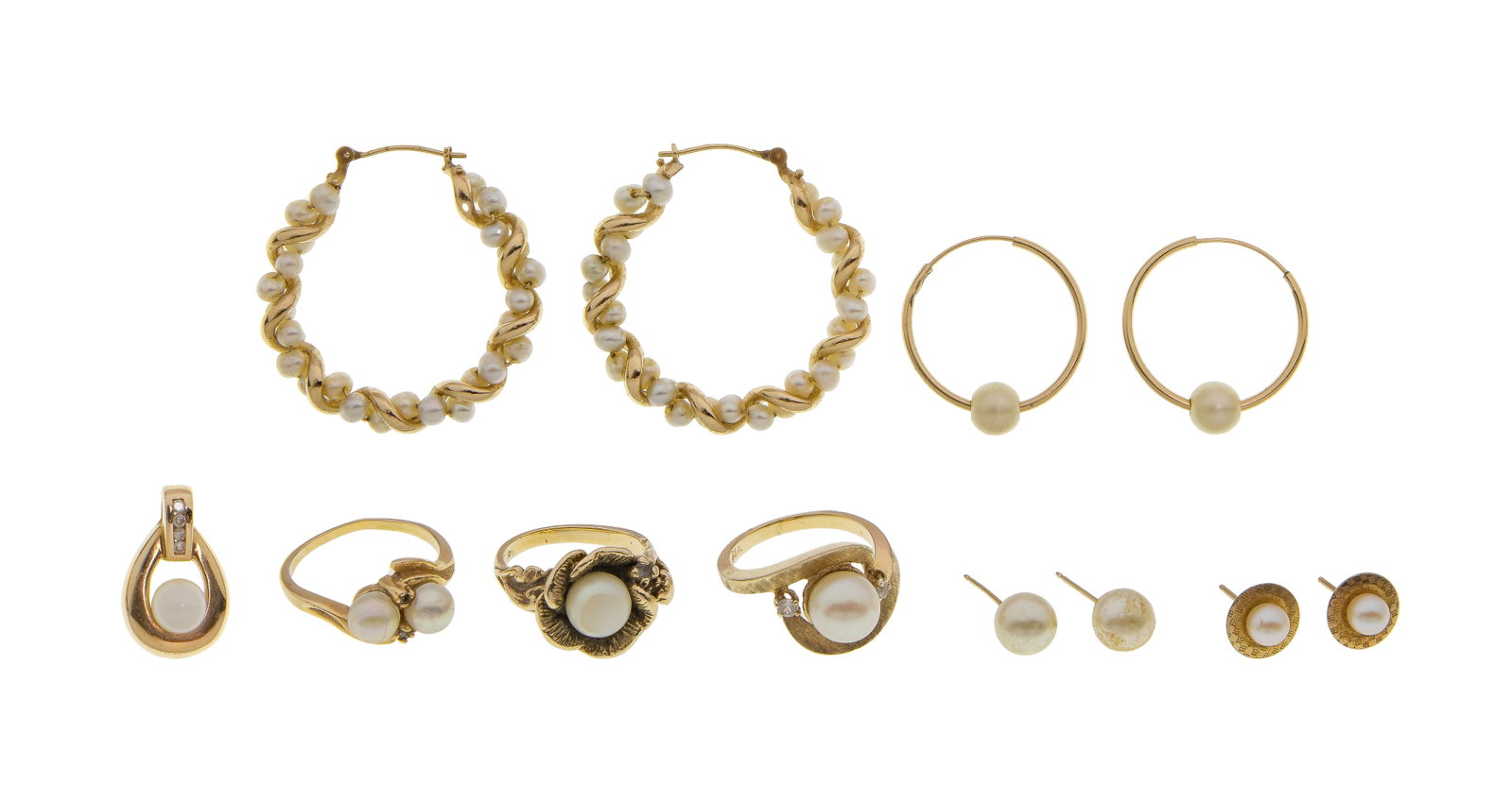 14k and 10k Yellow Gold Pearl Jewelry Assortment: 14k and 10k Yellow Gold Pearl Jewelry Assortment (8) items including (3) pairs of pierced earrings, a pendant and (2) rings (most marked '14k') as well as a pair of pierced earrings and a ring (some
