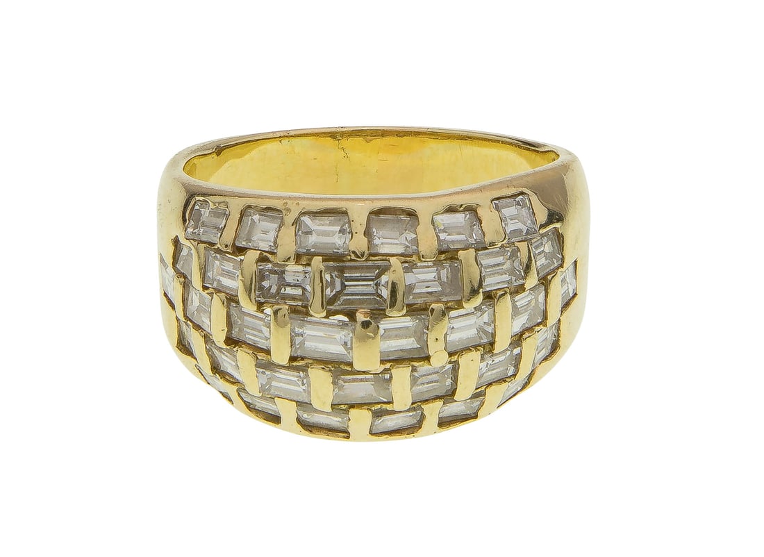 14k Yellow Gold and Diamond Ring: 14k Yellow Gold and Diamond Ring A bombe style ring having thirty-five baguette cut diamonds in a basket weave design (marked '14k') Property from: a Private Collector, Aurora, Illinois Size: 8 Weight