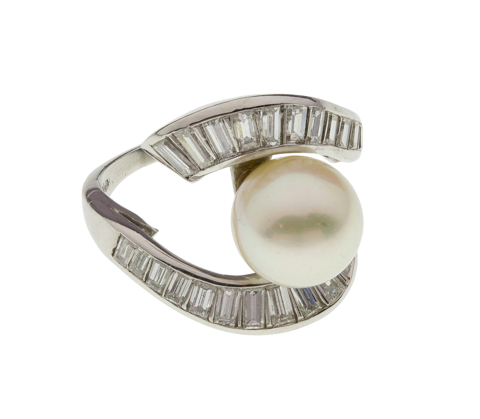 Platinum, Pearl and Diamond Ring: Platinum, Pearl and Diamond Ring A bypass style design having an approximately 9.5mm Akoya pearl set between two swirling bands of baguette cut diamonds (poorly marked '...10%irid') Property from: a P