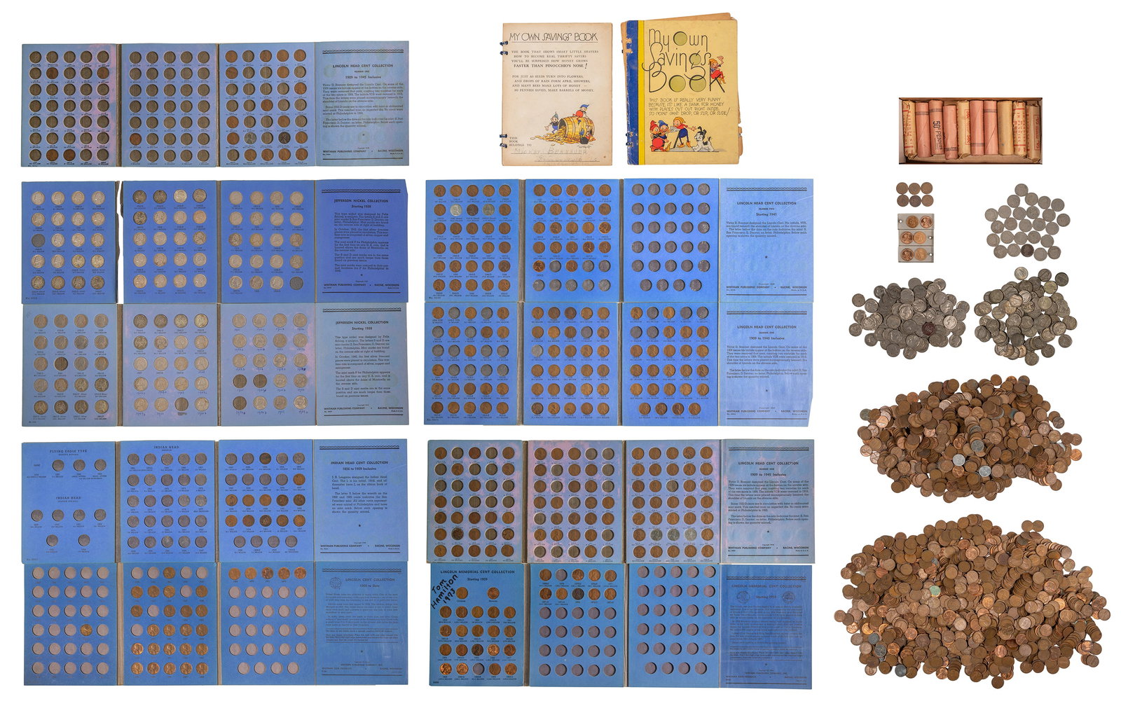 US 1c and 5c Assortment: US 1c and 5c Assortment Including Wheat 1c and Memorial 1c mixed together, war nickels, Buffalo 5c, most loose, some in rolls or incomplete books Property from: a Private Collector, Chicago