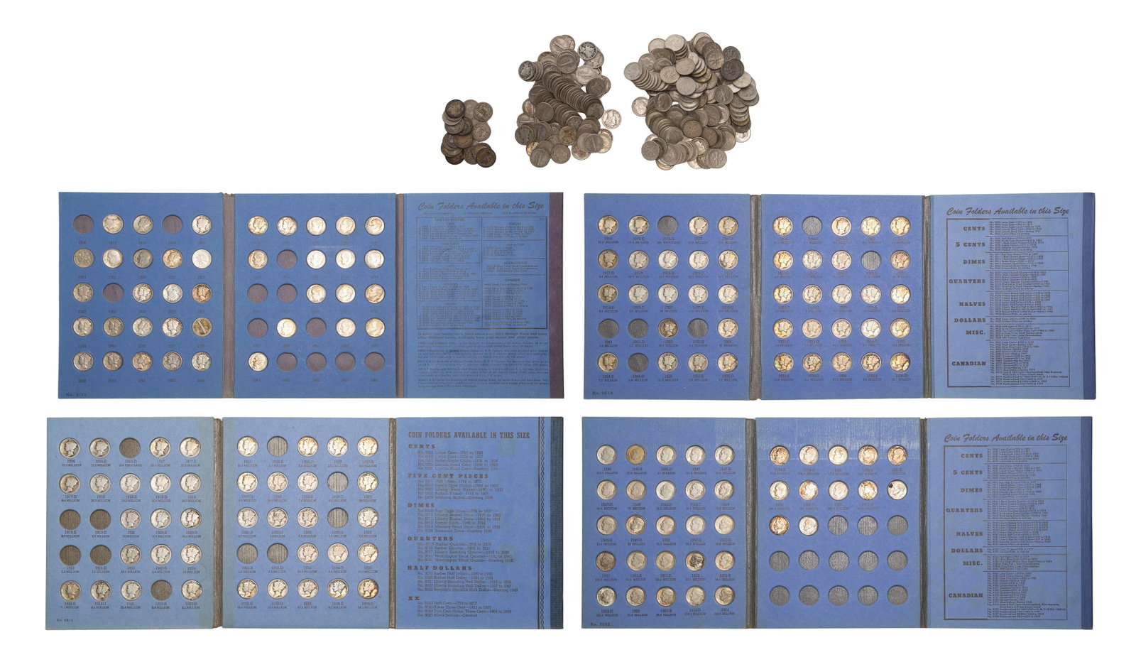 US 10c Silver Assortment: US 10c Silver Assortment $51.10 face value US 90% silver including (20) Barber, (266) Mercury and (225) Roosevelt, some stored in blue Whitman folders including (2) 9014, a 9103 and a 9029 Property