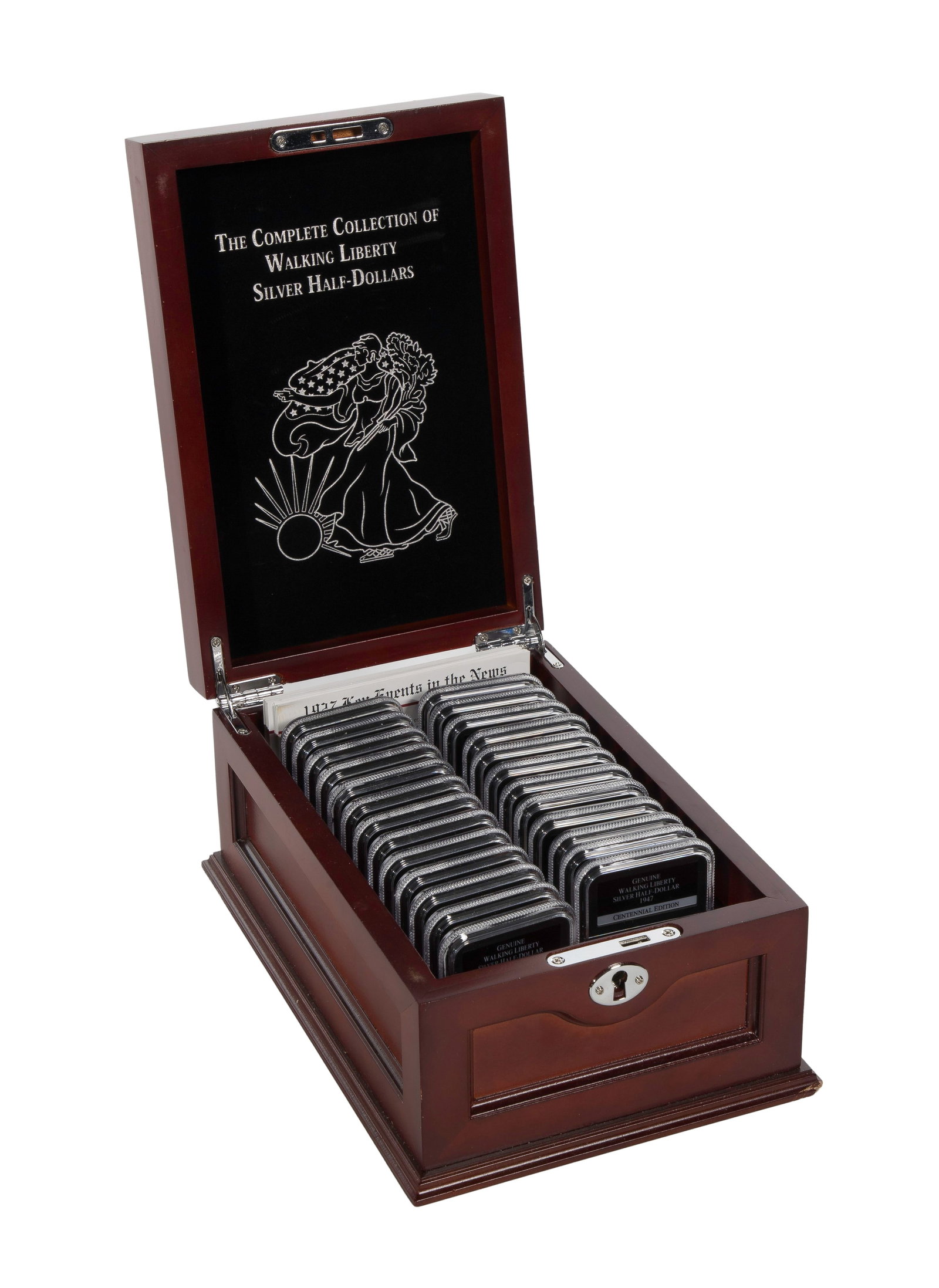 Danbury Mint Walking Liberty 50c Collection: Danbury Mint Walking Liberty 50c Collection $12.00 face value US 90% silver including a (24) piece boxed set having a coin for every issued year 1916 to 1947 but not all mint marks (not made in 1922,