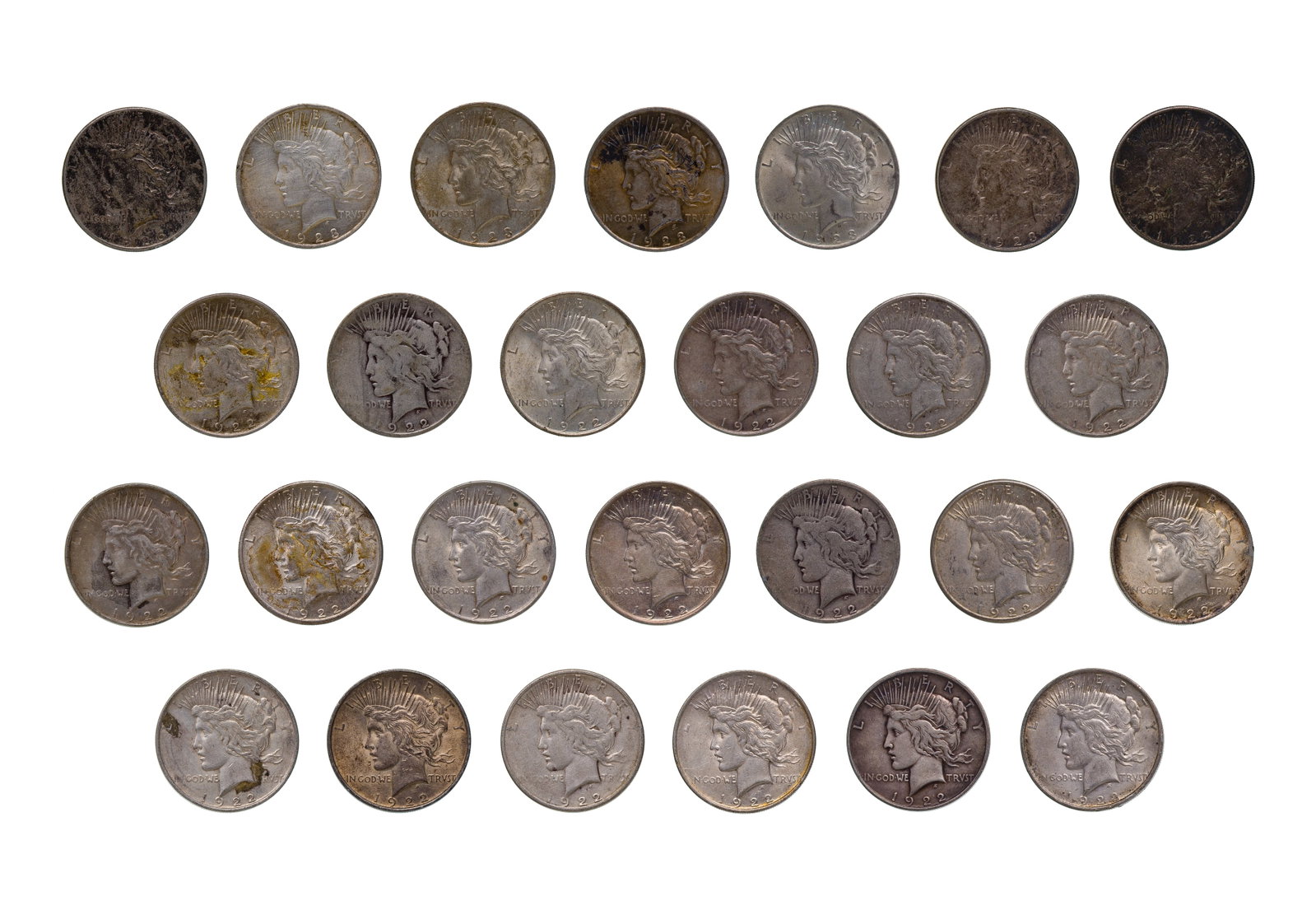 Peace $1 Assortment: Peace $1 Assortment $26.00 face value US 90% silver including (20) 1922, (5) 1923 and a 1926 Property from: a Private Collector, River Grove, Illinois Category: Dollars > Peace Dollar Estimated Sale
