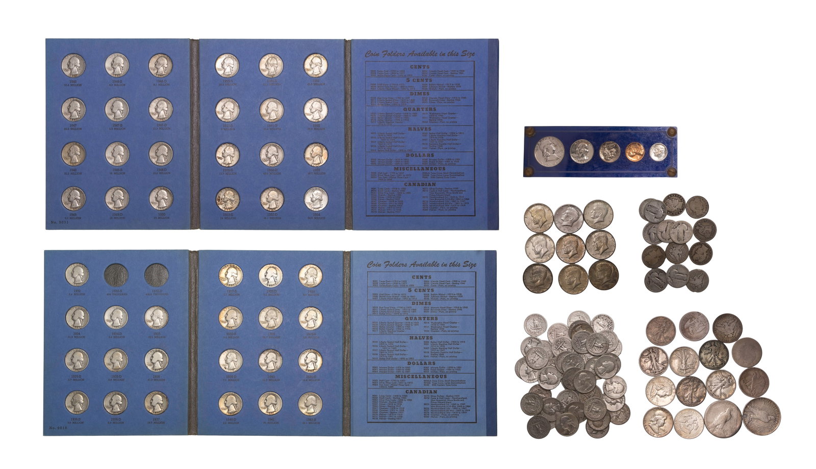 US Silver Coin Assortment: US Silver Coin Assortment $36.75 face value US 90% silver including (13) Barber 25c, (113) Washington 25c (some housed in Whitman folders 9018 and 9031), (13) 50c and (2) $1; together with 1959 a mint