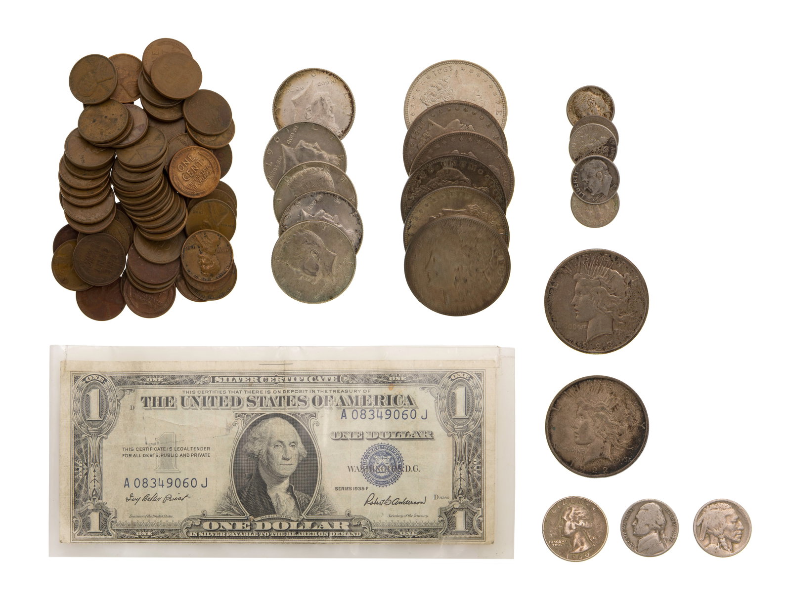 US Miscellaneous Coin and Currency Assortment: US Miscellaneous Coin and Currency Assortment $8.75 face US 90% silver including (6) Morgan $1, (2) Peace $1, a Washington 25c and (5) Roosevelt 10c, (5) US 40% silver 50c, a Buffalo 5c, a war 5c from