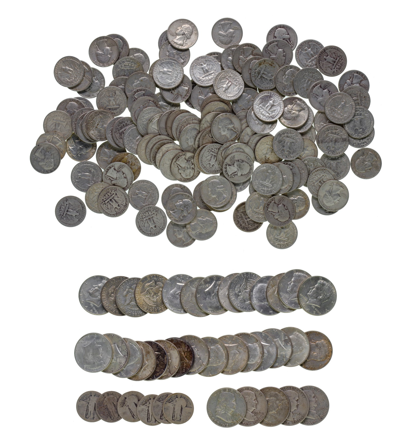 US Silver Coin Assortment: US Silver Coin Assortment $45.50 face value US 90% silver including (15) 1964 Kennedy 50c, (5) Franklin 50c, (136) Washington 25c, (6) Standing Liberty 25c and $6.50 face value US 40% silver