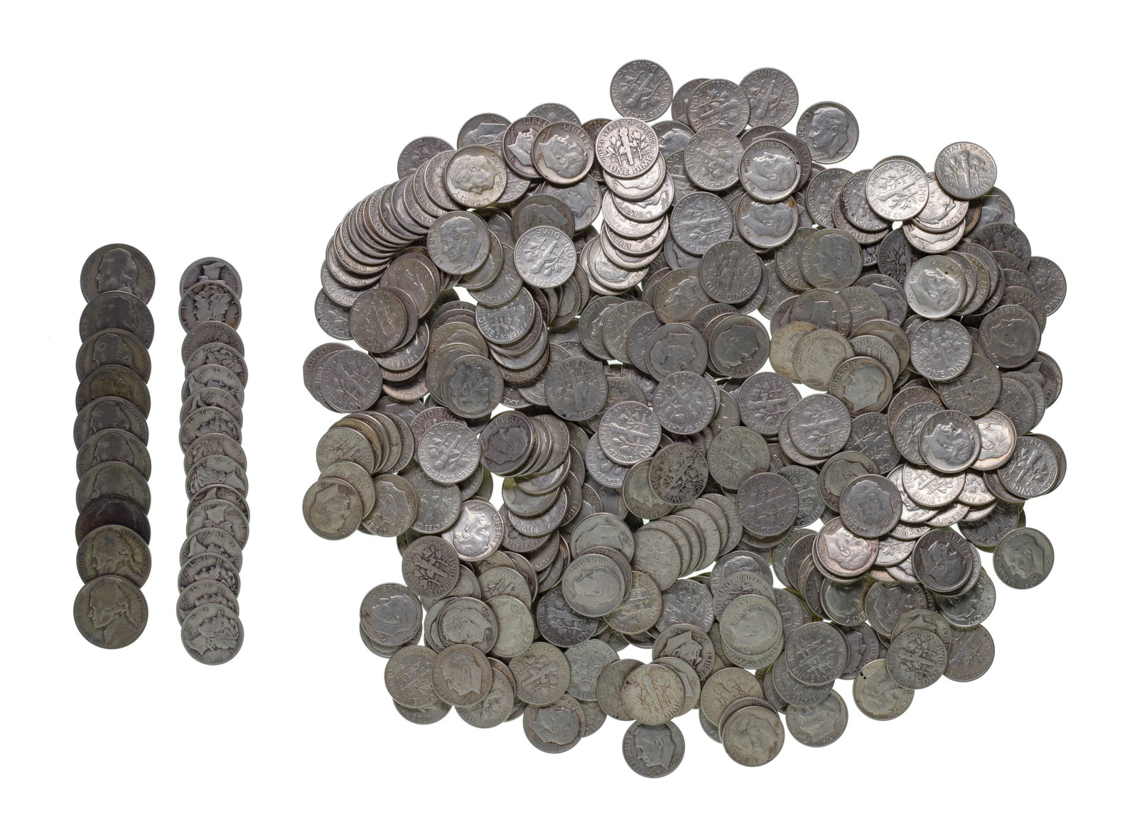 US Silver Coin Assortment: US Silver Coin Assortment $41.10 face US 90% silver including (15) Mercury 10c, (396) Roosevelt 10c as well as (10) US 35% silver war nickels Property from: a Private Collector, River Grove, Illinois