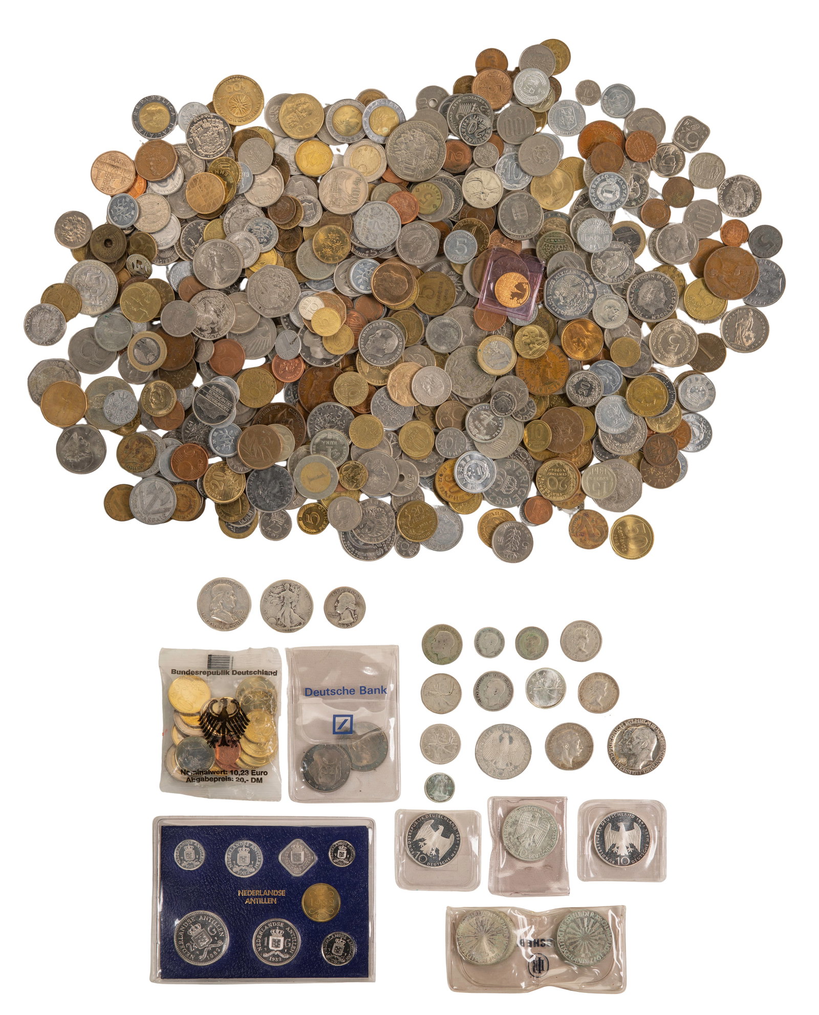 US and World Silver Coin Assortment: US and World Silver Coin Assortment $2.35 face value US 90% silver including (2) Walking Liberty 50c, (2) Franklin 50c, a Washington 50c and a Roosevelt 10c as well as mixed purity German and English 