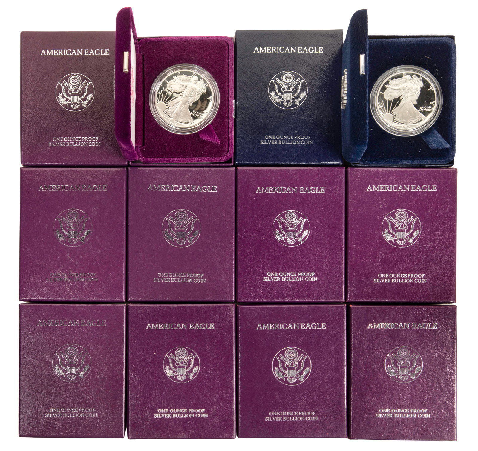 American Eagle $1 Assortment: American Eagle $1 Assortment (12) coins, in presentation boxes Property from: a Private Collector, River Grove, Illinois Category: Bullion Coins > Silver Bullion Estimated Sale Time: 2:22 pm CST