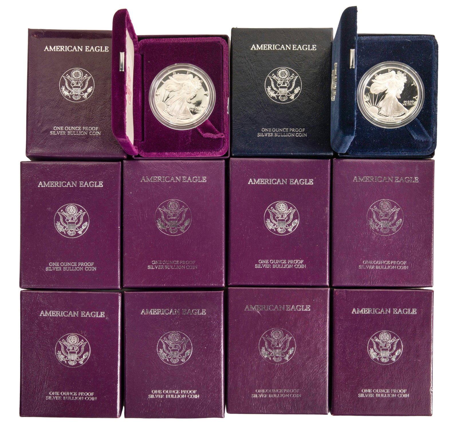 American Eagle $1 Assortment: American Eagle $1 Assortment (12) coins, in presentation boxes Property from: a Private Collector, River Grove, Illinois Category: Bullion Coins > Silver Bullion Estimated Sale Time: 2:23 pm CST