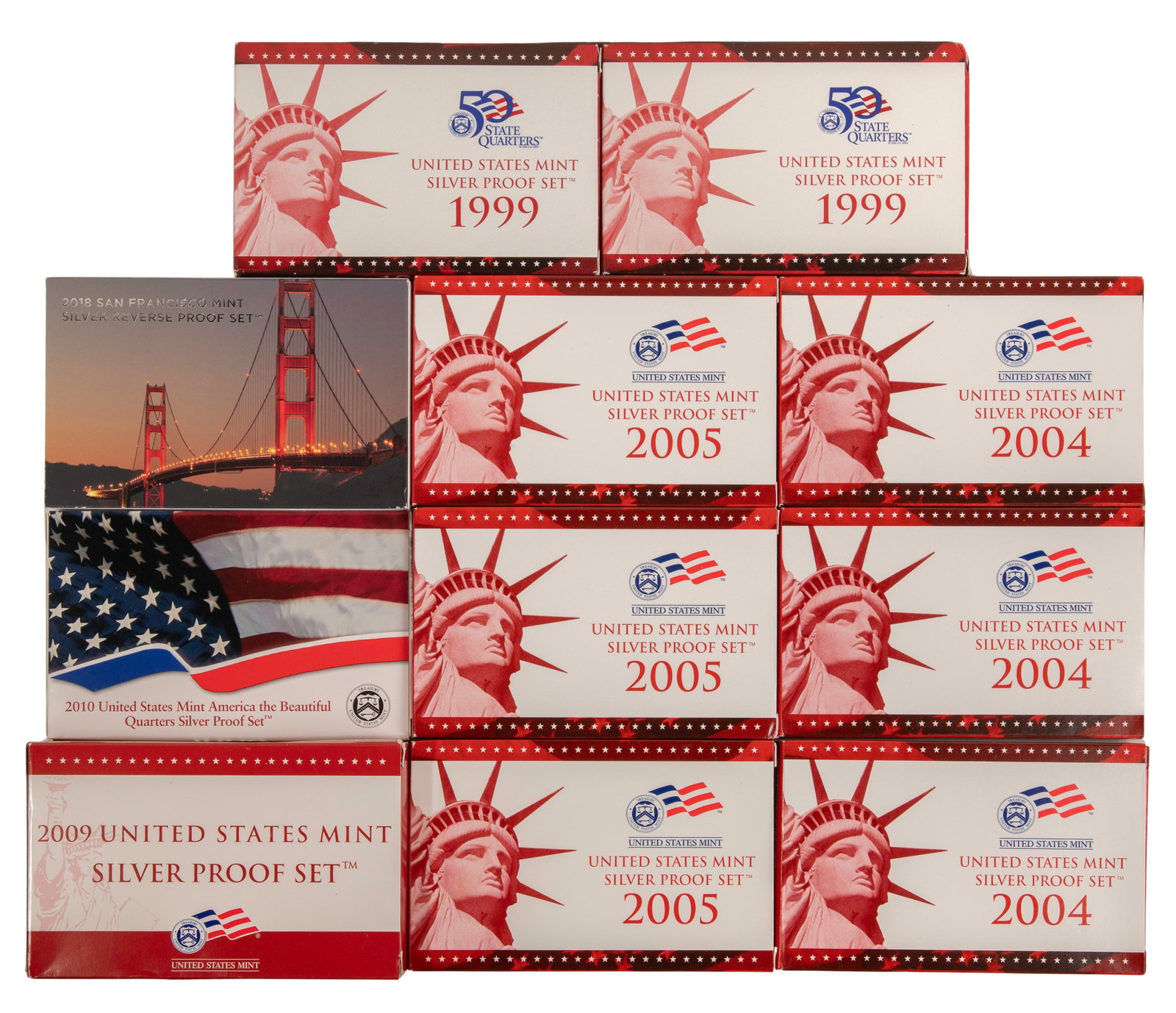 US Silver Proof Set Assortment: US Silver Proof Set Assortment (11) sets including (2) 1999, (3) 2004, (3) 2005 and a 2009 as well as a 2018 San Francisco Mint silver reverse and a 2010 America the Beautiful Quarters Property from: