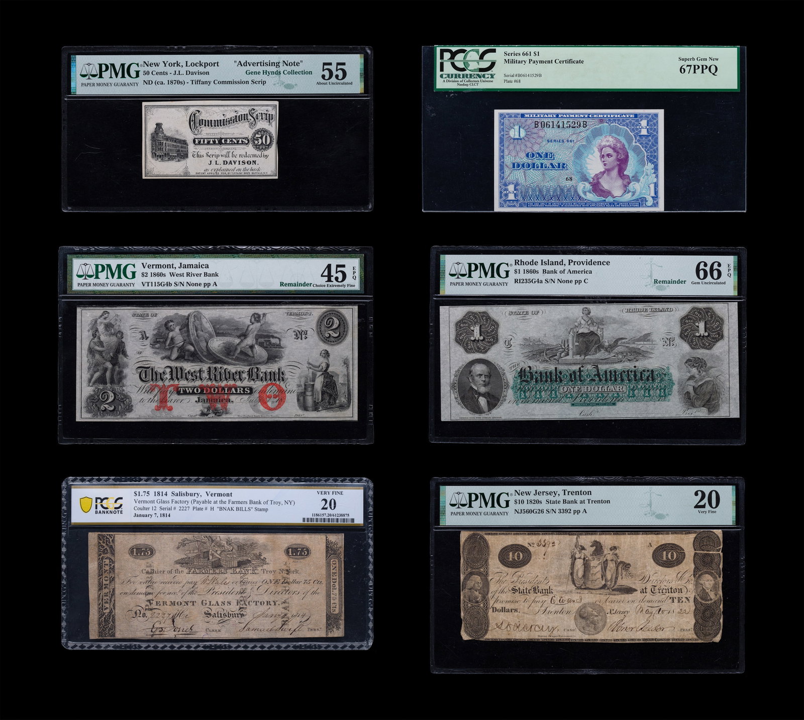US Graded Obsolete Currency Assortment: US Graded Obsolete Currency Assortment (6) items including a $1.75 Vermont Glass Factory, a $10 New Jersey - State of Trenton, a S1 Rhode Island - Bank of America, a $2 Vermont - West River Bank, a