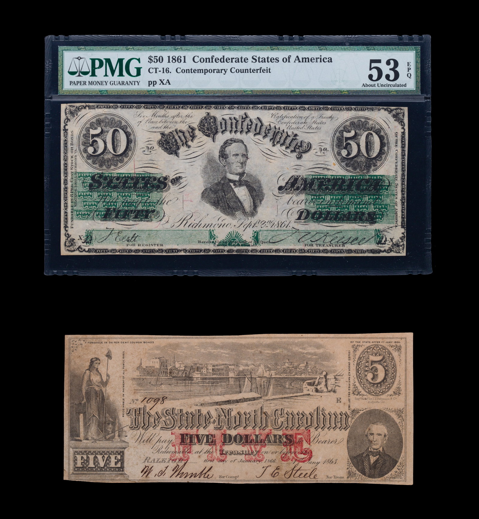 Confederate Currency: Confederate Currency (2) items including an 1861 $50 contemporary counterfeit in a PMG holder and an ungraded 1863 $5 The State of North Carolina Property from: a Private Collector, Wheaton, Illinois