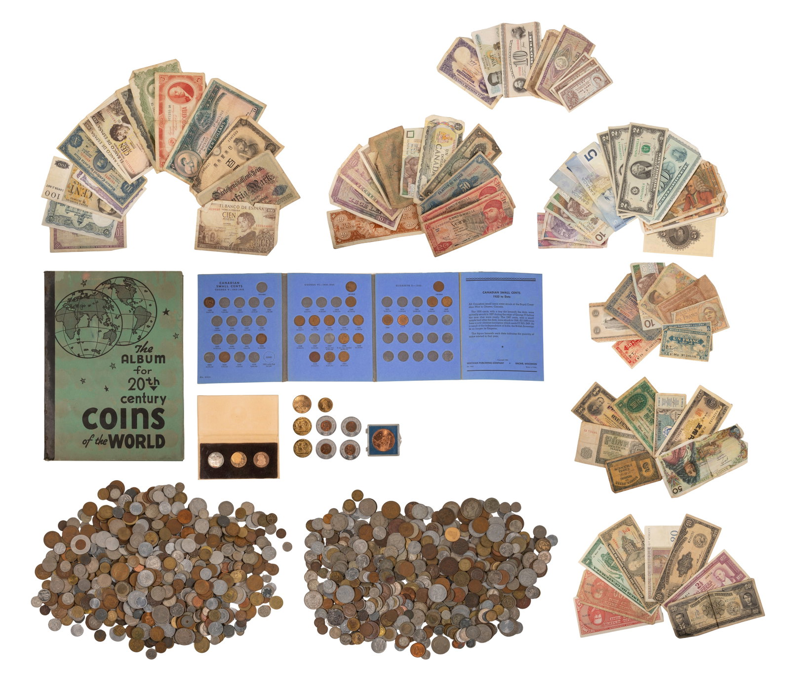 World Coin and Currency Assortment: World Coin and Currency Assortment Coins and paper currency including some silver noted, most loose, some having collector books from countries such as Canada, France, Italy, Romania, Yugoslavia,