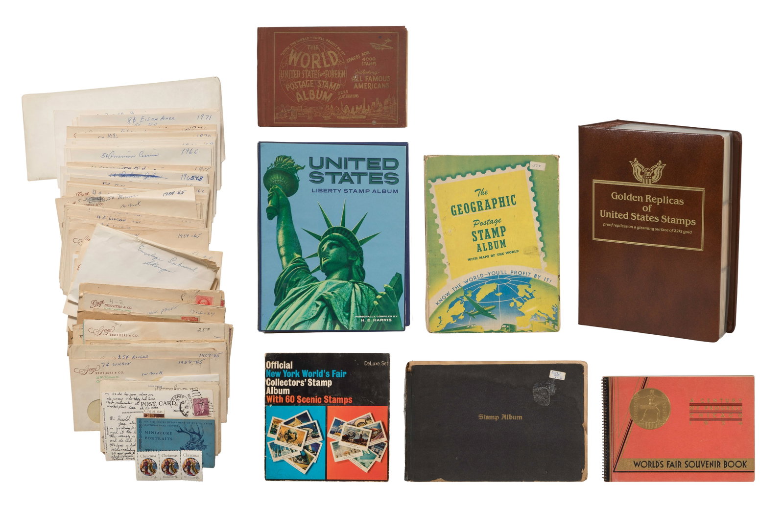 US and World Stamp Assortment: US and World Stamp Assortment Including (6) albums containing US and world stamps such as a 'Readers Digest First Day Cover Collection', a Harris US Liberty Stamp Album, a binder of 1990s 'Golden Repl