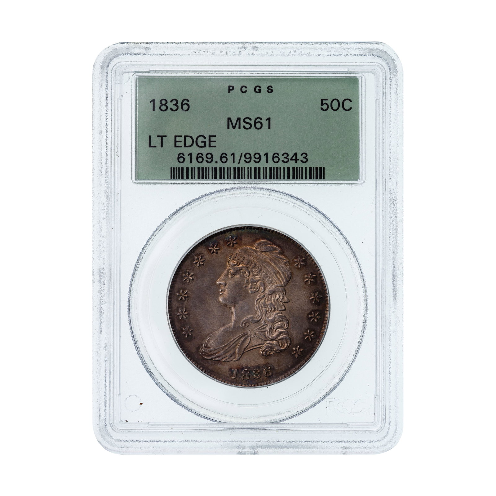 1836 Bust Half Dollar 50c MS-61 PCGS: 1836 Bust Half Dollar 50c MS-61 PCGS Old green holder, lettered edge Property from: a Private Collector, Chicago (Rogers Park), Illinois Category: Half Dollars > Capped Bust Half Dollars Estimated
