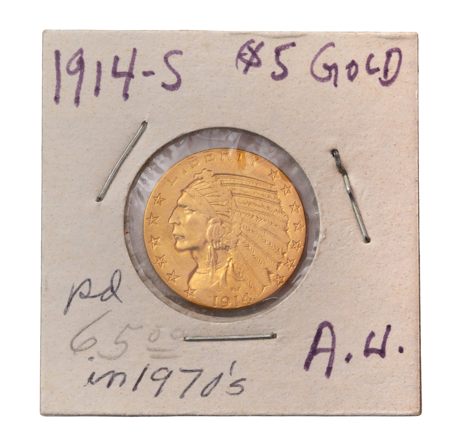 1914-S $5 Gold AU: 1914-S $5 Gold AU Property from: a Private Collector, Chicago (Rogers Park), Illinois Category: US Gold > $5 Gold Estimated Sale Time: 11:21 am CST Shipping Status: Shipping Quote Download High