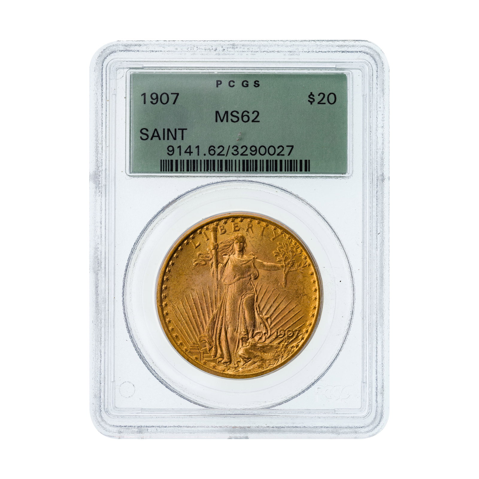 1907 $20 Gold Saint-Gaudens MS-62 PCGS: 1907 $20 Gold Saint-Gaudens MS-62 PCGS Old green holder Property from: a Private Collector, Chicago (Rogers Park), Illinois Category: US Gold > $20 Gold Estimated Sale Time: 11:33 am CST Shipping