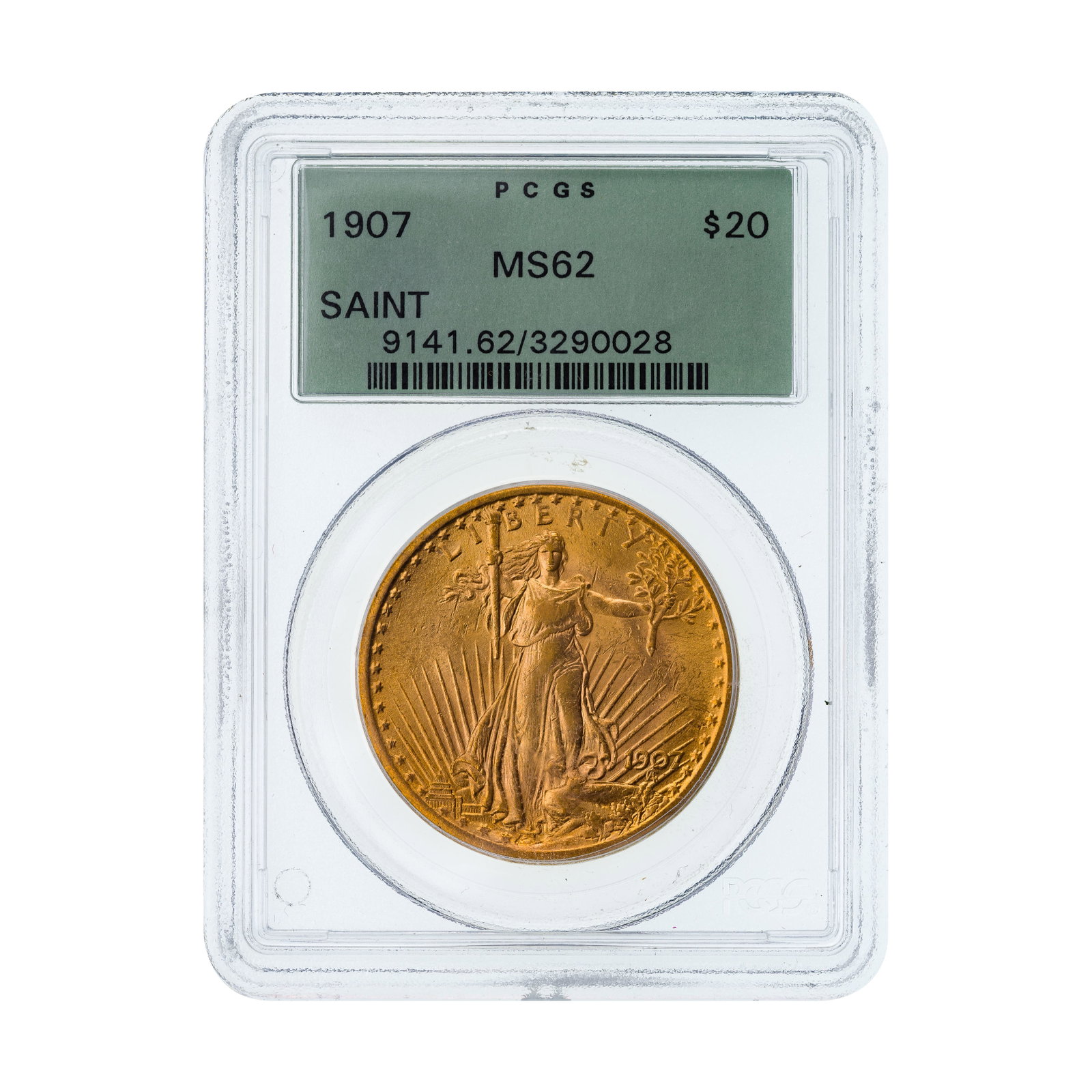 1907 $20 Gold Saint-Gaudens MS-62 PCGS: 1907 $20 Gold Saint-Gaudens MS-62 PCGS Old green holder Property from: a Private Collector, Chicago (Rogers Park), Illinois Category: US Gold > $20 Gold Estimated Sale Time: 11:34 am CST Shipping