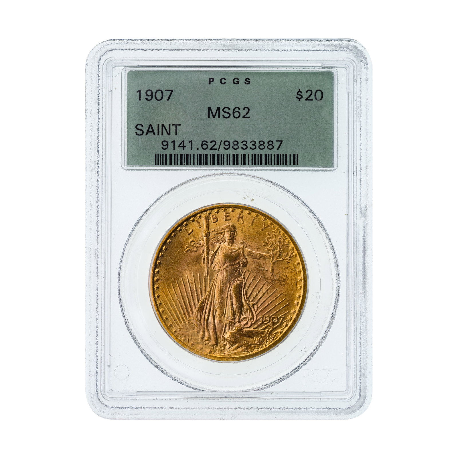 1907 $20 Gold Saint-Gaudens MS-62 PCGS: 1907 $20 Gold Saint-Gaudens MS-62 PCGS Old green holder Property from: a Private Collector, Chicago (Rogers Park), Illinois Category: US Gold > $20 Gold Estimated Sale Time: 11:34 am CST Shipping