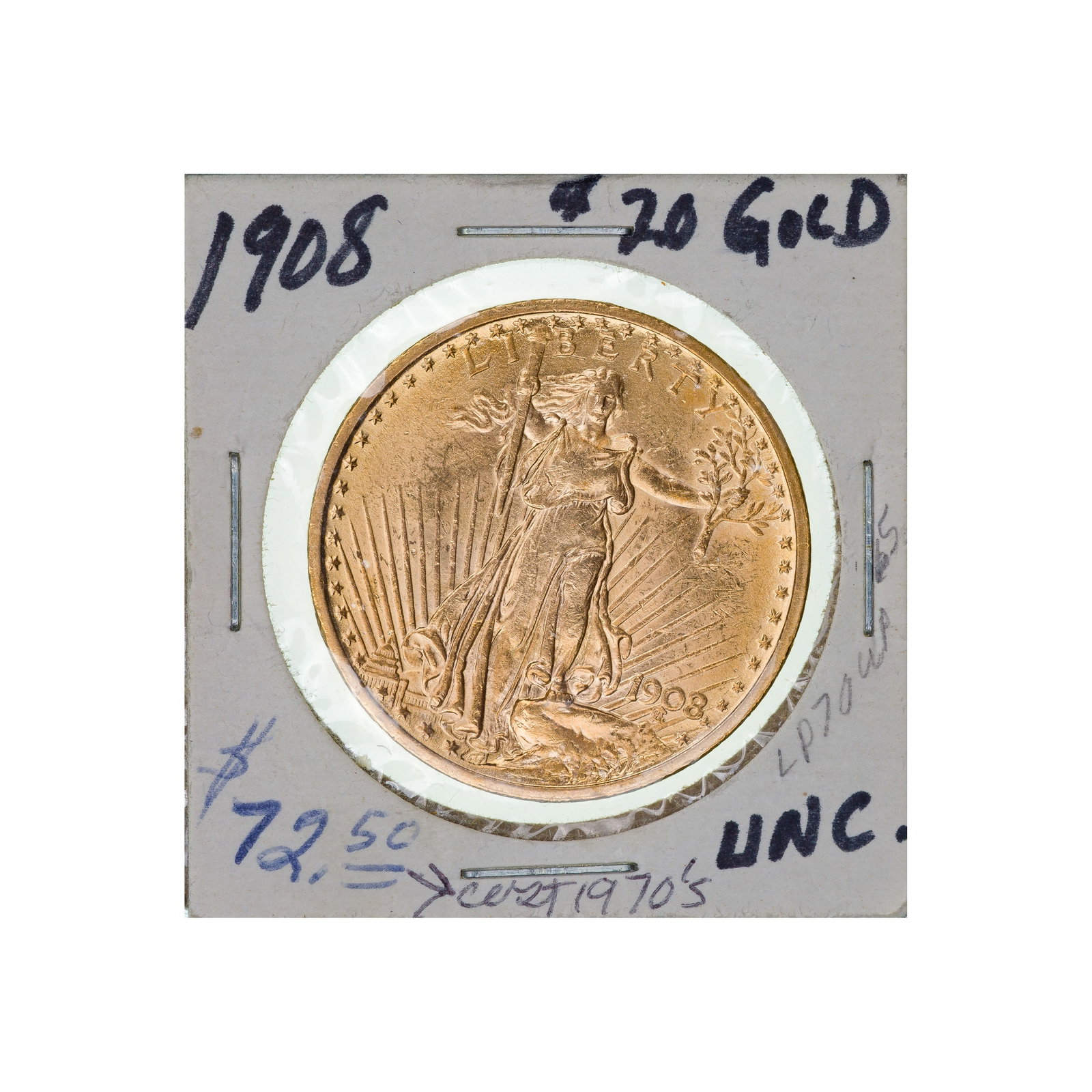 1908 $20 Gold Saint-Gaudens Unc.: 1908 $20 Gold Saint-Gaudens Unc. No motto Property from: a Private Collector, Chicago (Rogers Park), Illinois Category: US Gold > $20 Gold Estimated Sale Time: 11:26 am CST Shipping Status: Shipping