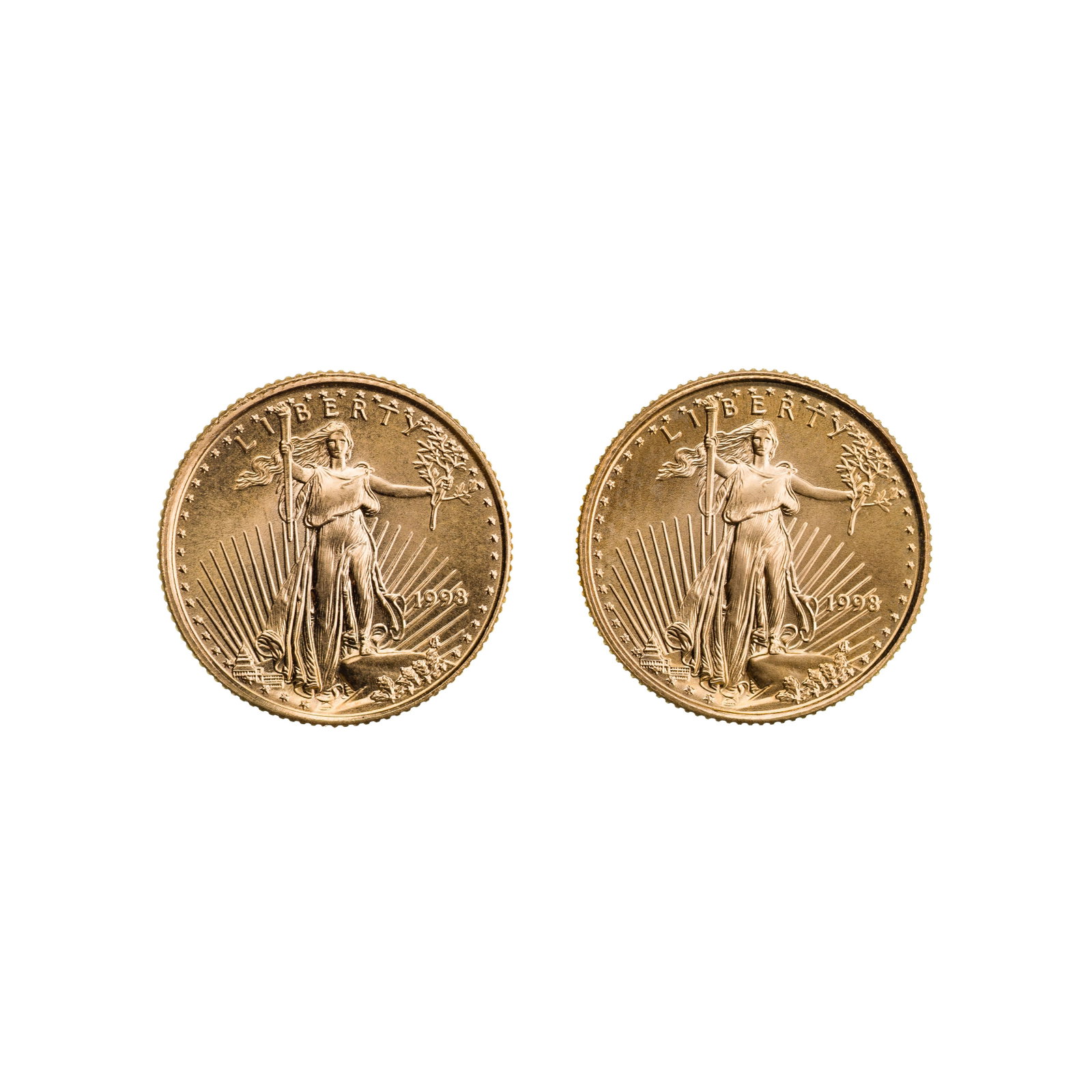 1998 $5 Gold Eagles Unc.: 1998 $5 Gold Eagles Unc. (2) coins Property from: a Private Collector, Chicago (Rogers Park), Illinois Category: Bullion Coins > Gold Bullion Estimated Sale Time: 12:18 pm CST Shipping Status: