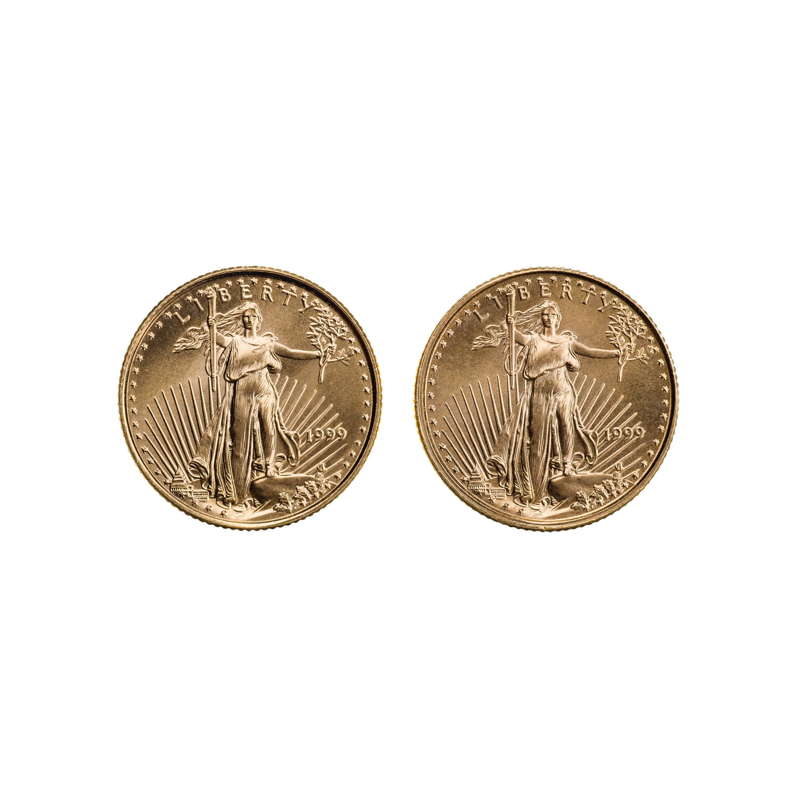 1999 $5 Gold Eagles Unc.: 1999 $5 Gold Eagles Unc. (2) coins Property from: a Private Collector, Chicago (Rogers Park), Illinois Category: Bullion Coins > Gold Bullion Estimated Sale Time: 12:13 pm CST Shipping Status: