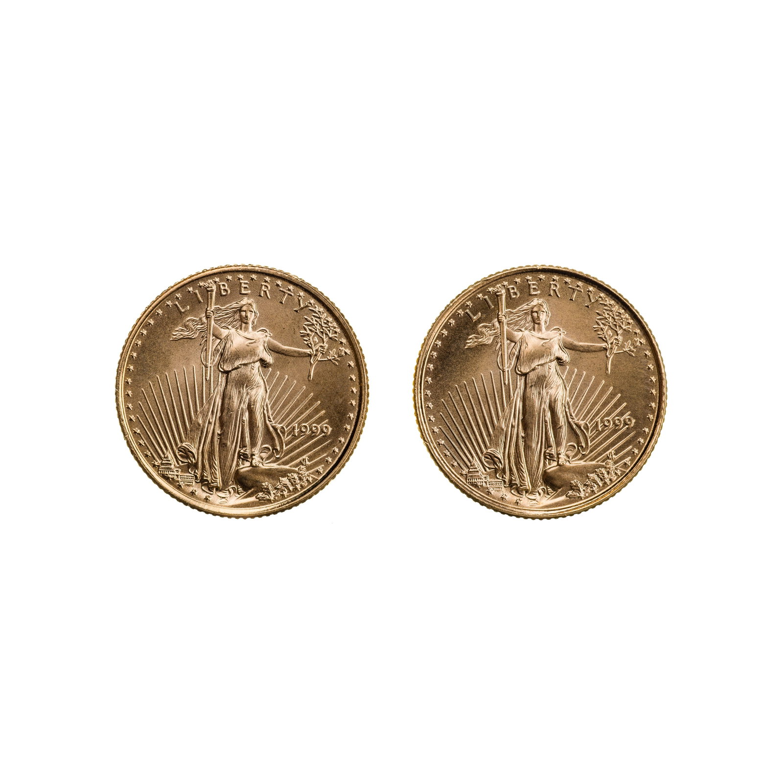 1999 $5 Gold Eagles Unc.: 1999 $5 Gold Eagles Unc. (2) coins Property from: a Private Collector, Chicago (Rogers Park), Illinois Category: Bullion Coins > Gold Bullion Estimated Sale Time: 12:13 pm CST Shipping Status: