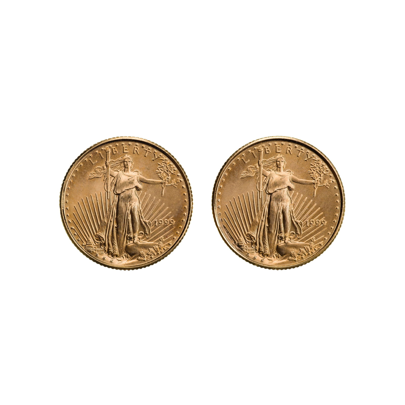 1999 $5 Gold Eagles Unc.: 1999 $5 Gold Eagles Unc. (2) coins Property from: a Private Collector, Chicago (Rogers Park), Illinois Category: Bullion Coins > Gold Bullion Estimated Sale Time: 12:10 pm CST Shipping Status: