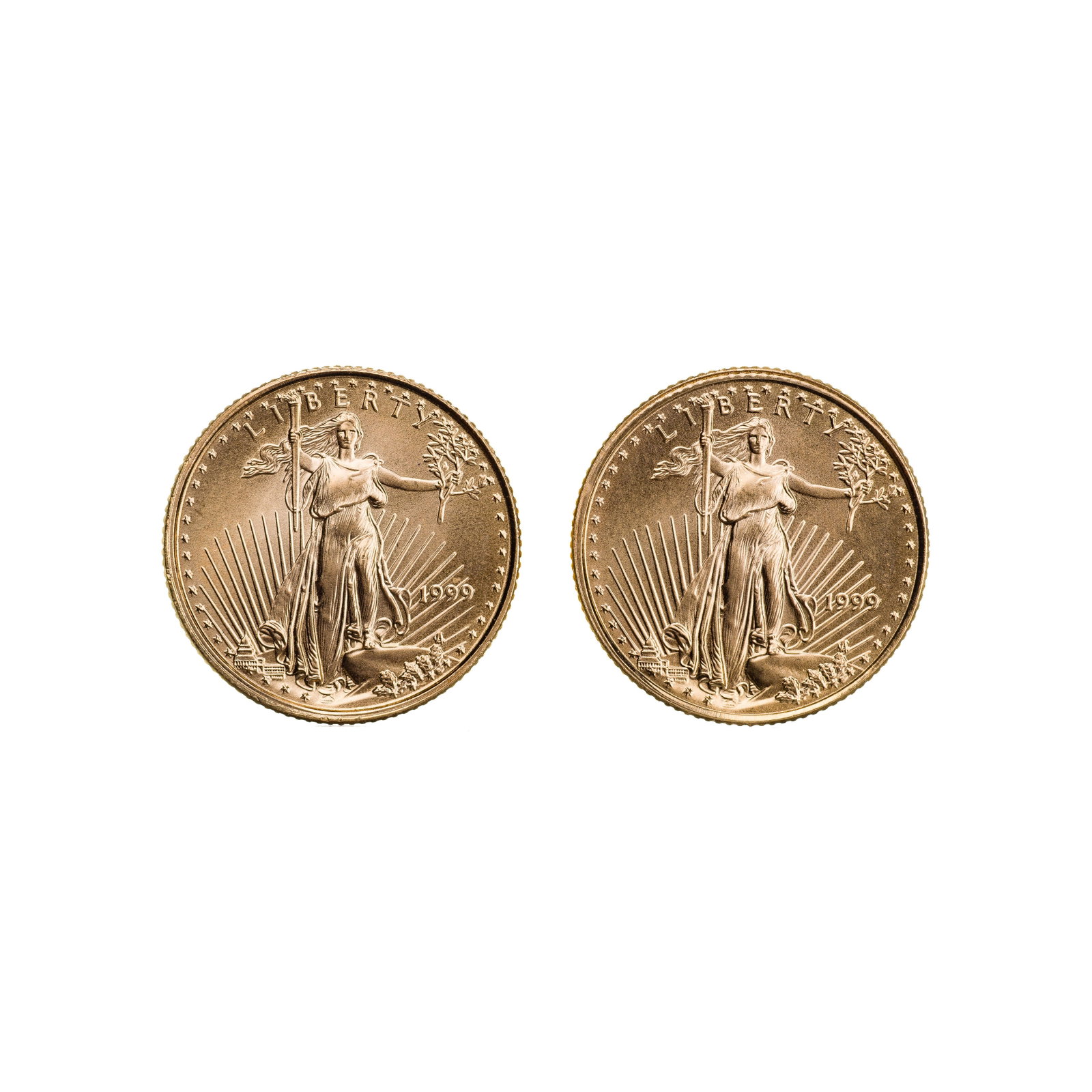 1999 $5 Gold Eagles Unc.: 1999 $5 Gold Eagles Unc. (2) coins Property from: a Private Collector, Chicago (Rogers Park), Illinois Category: Bullion Coins > Gold Bullion Estimated Sale Time: 12:09 pm CST Shipping Status: