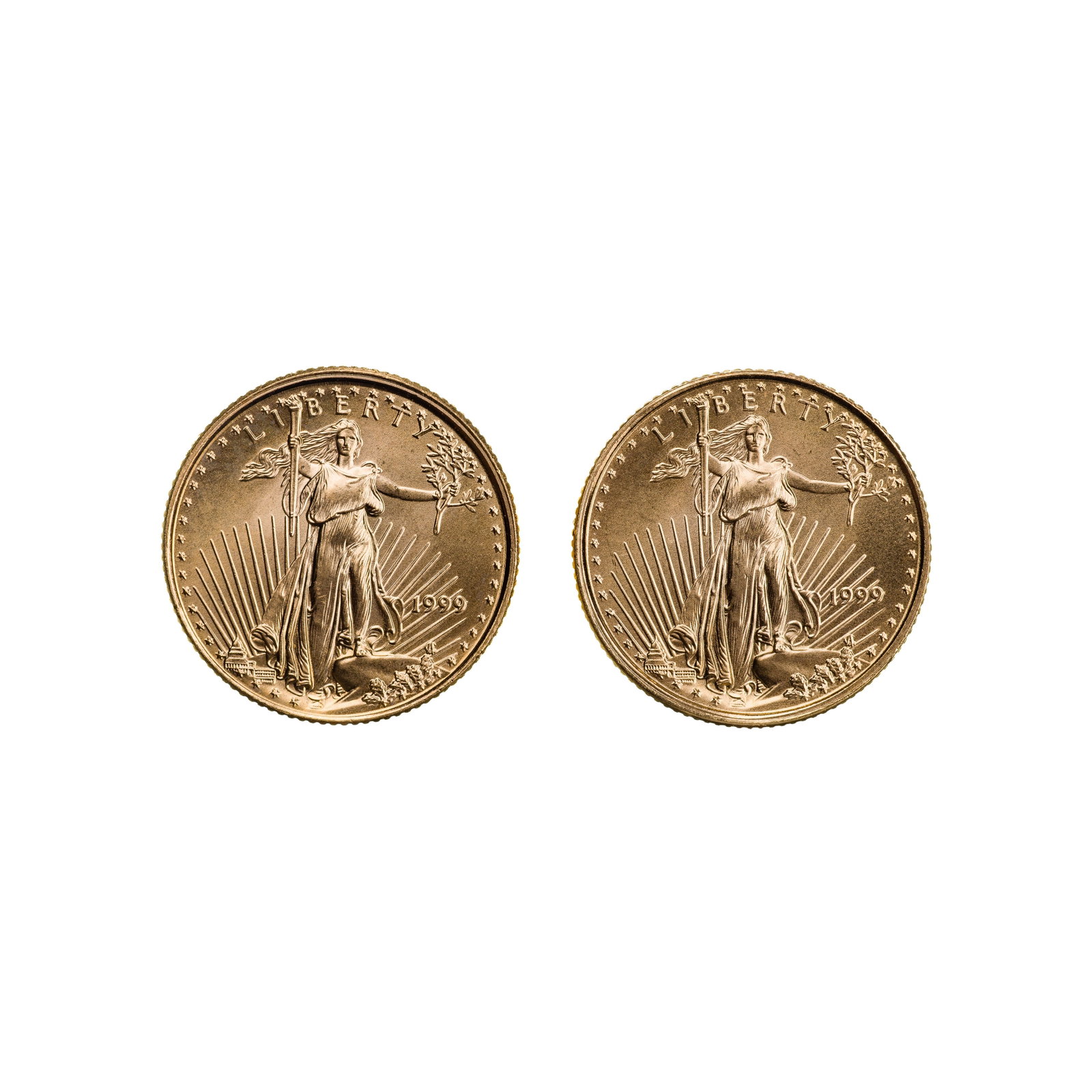 1999 $5 Gold Eagles Unc.: 1999 $5 Gold Eagles Unc. (2) coins Property from: a Private Collector, Chicago (Rogers Park), Illinois Category: Bullion Coins > Gold Bullion Estimated Sale Time: 12:07 pm CST Shipping Status: