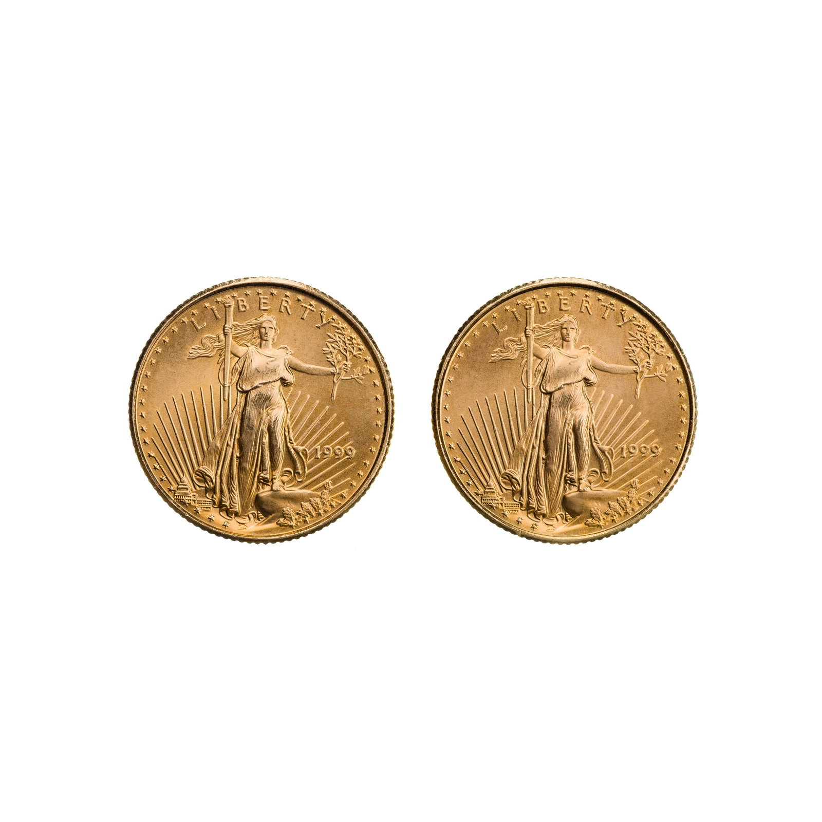 1999 $5 Gold Eagles Unc.: 1999 $5 Gold Eagles Unc. (2) coins Property from: a Private Collector, Chicago (Rogers Park), Illinois Category: Bullion Coins > Gold Bullion Estimated Sale Time: 12:07 pm CST Shipping Status: