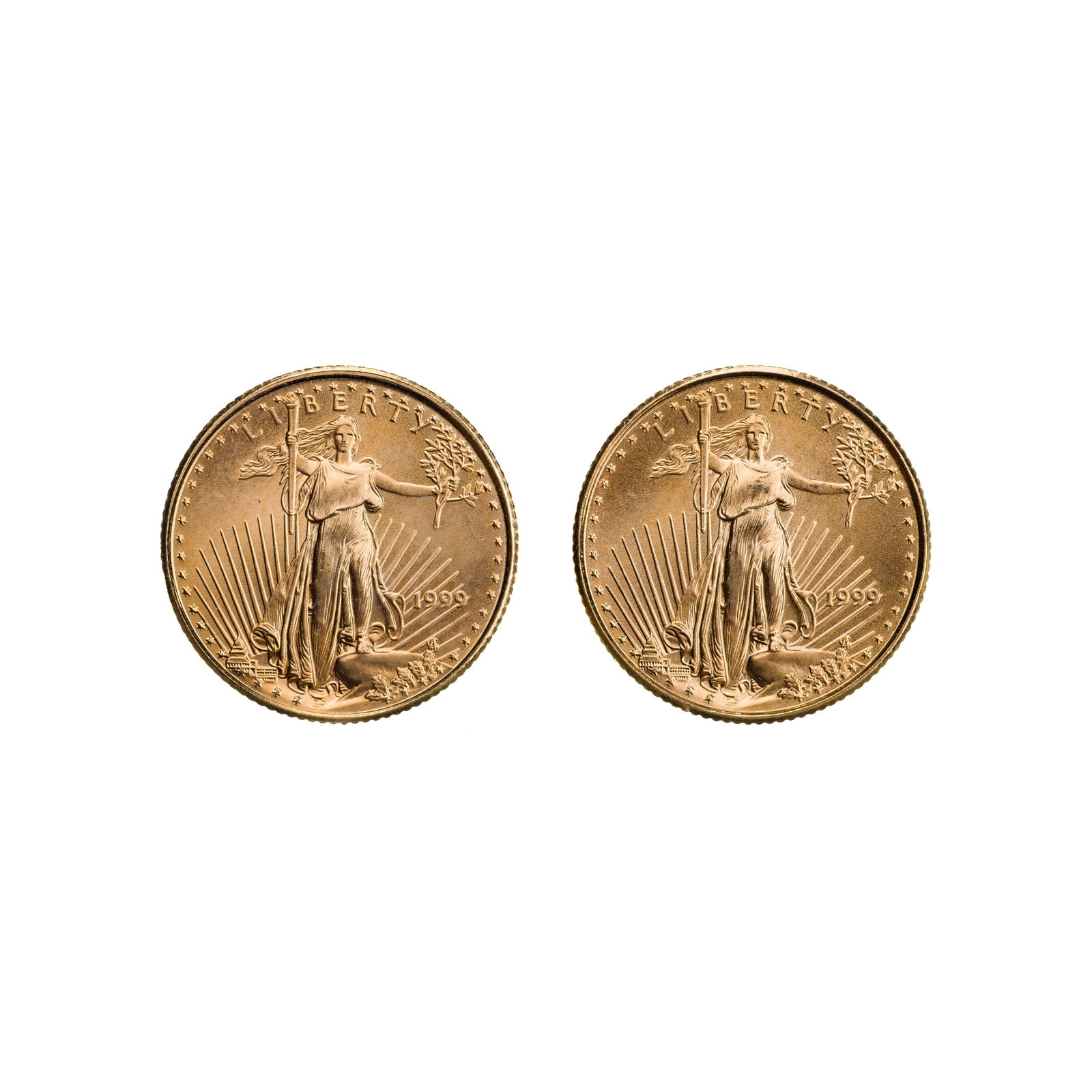 1999 $5 Gold Eagles Unc.: 1999 $5 Gold Eagles Unc. (2) coins Property from: a Private Collector, Chicago (Rogers Park), Illinois Category: Bullion Coins > Gold Bullion Estimated Sale Time: 12:06 pm CST Shipping Status: