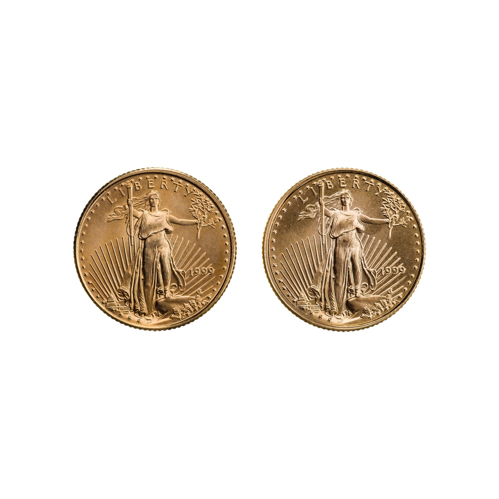 1999 $5 Gold Eagles Unc.: 1999 $5 Gold Eagles Unc. (2) coins Property from: a Private Collector, Chicago (Rogers Park), Illinois Category: Bullion Coins > Gold Bullion Estimated Sale Time: 12:05 pm CST Shipping Status: