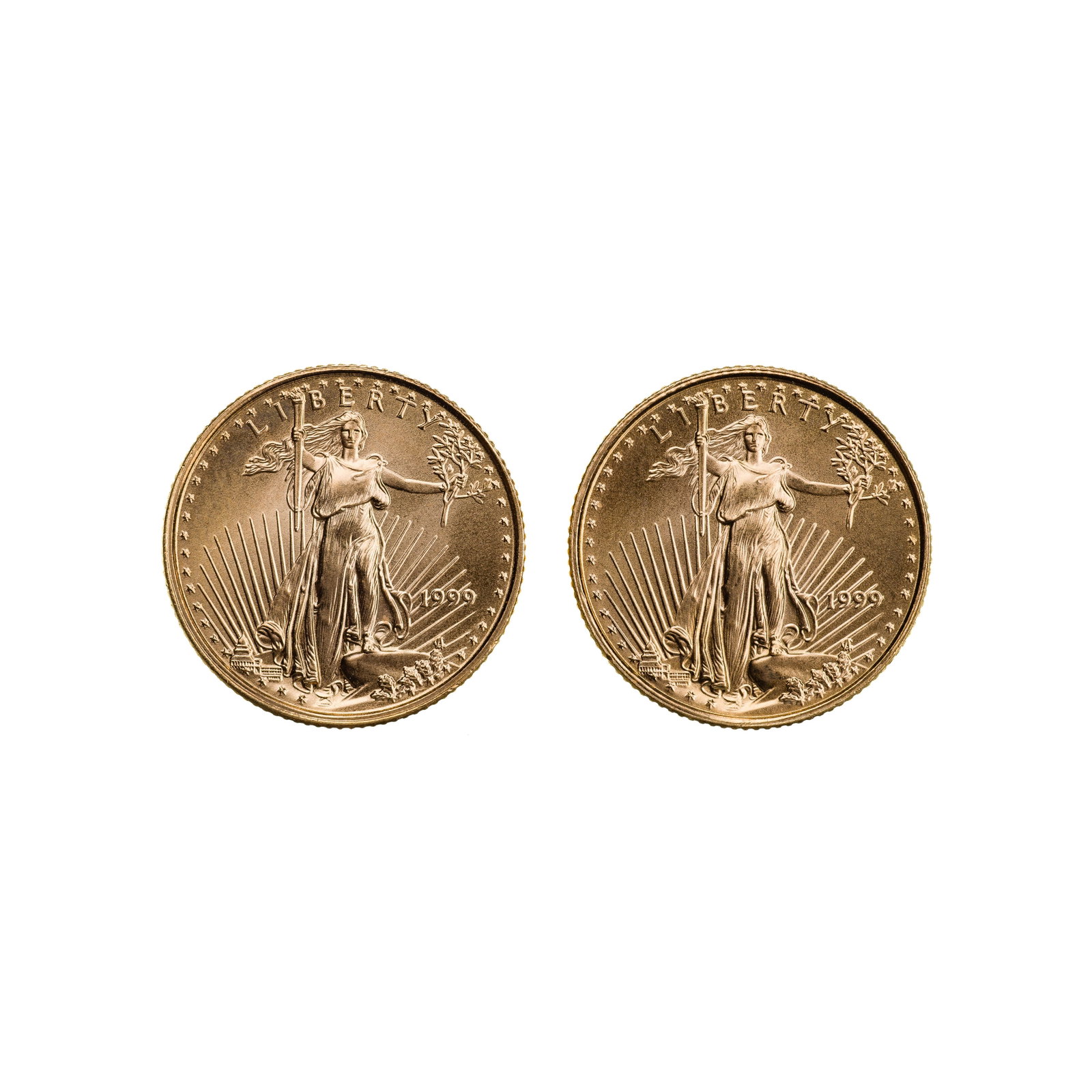 1999 $5 Gold Eagles Unc.: 1999 $5 Gold Eagles Unc. (2) coins Property from: a Private Collector, Chicago (Rogers Park), Illinois Category: Bullion Coins > Gold Bullion Estimated Sale Time: 12:05 pm CST Shipping Status: