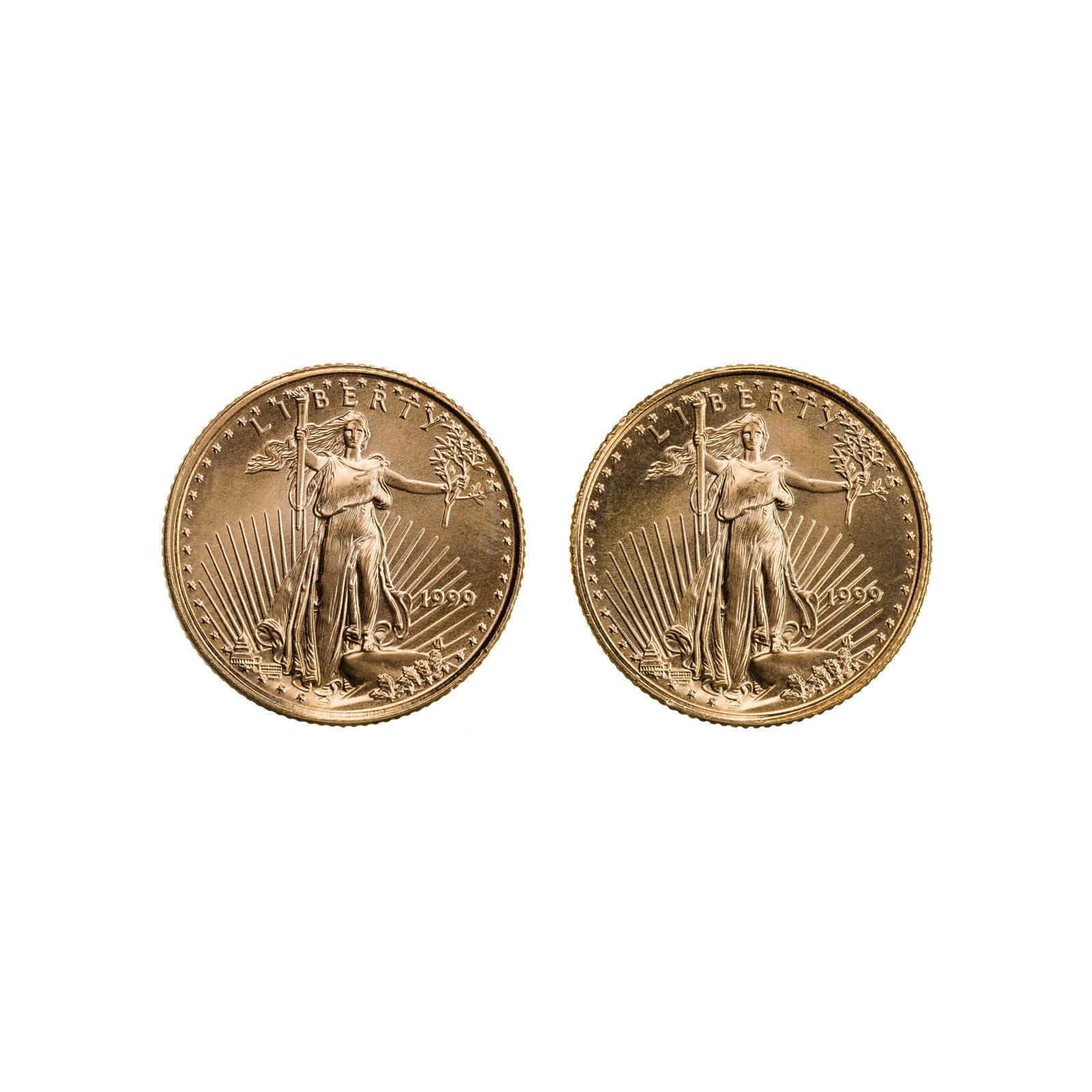 1999 $5 Gold Eagles Unc.: 1999 $5 Gold Eagles Unc. (2) coins Property from: a Private Collector, Chicago (Rogers Park), Illinois Category: Bullion Coins > Gold Bullion Estimated Sale Time: 12:04 pm CST Shipping Status: