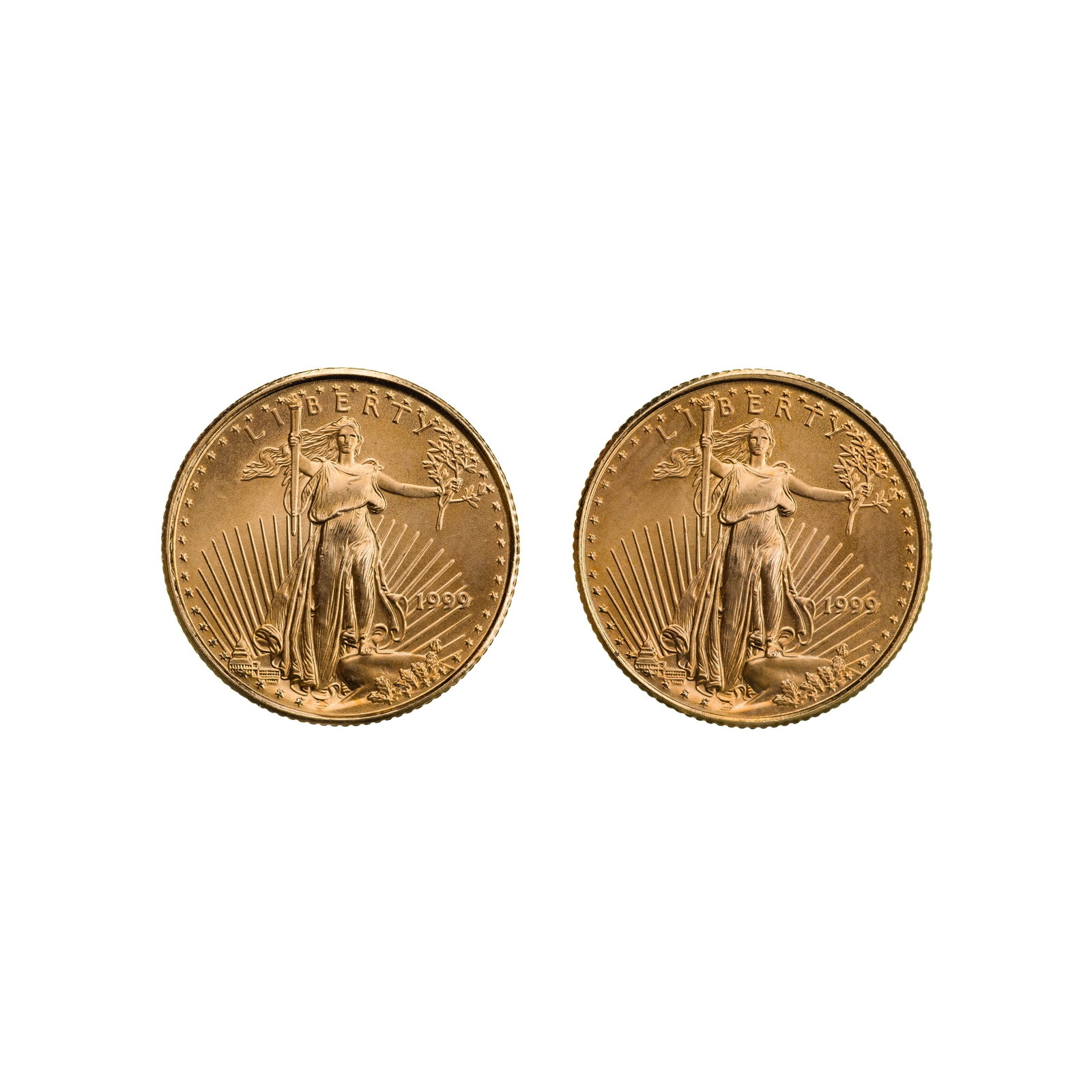 1999 $5 Gold Eagles Unc.: 1999 $5 Gold Eagles Unc. (2) coins Property from: a Private Collector, Chicago (Rogers Park), Illinois Category: Bullion Coins > Gold Bullion Estimated Sale Time: 12:03 pm CST Shipping Status: