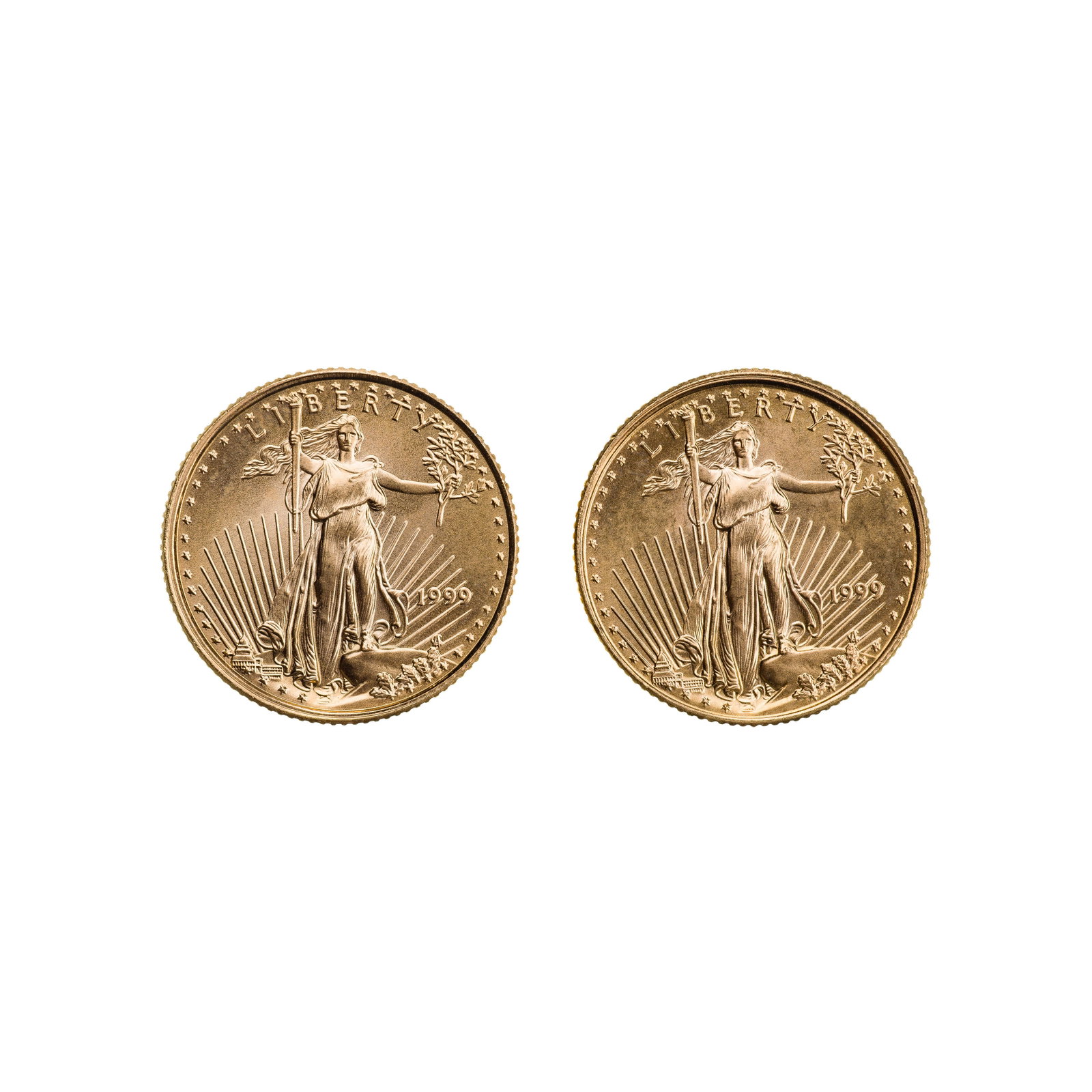 1999 $5 Gold Eagles Unc.: 1999 $5 Gold Eagles Unc. (2) coins Property from: a Private Collector, Chicago (Rogers Park), Illinois Category: Bullion Coins > Gold Bullion Estimated Sale Time: 12:02 pm CST Shipping Status: