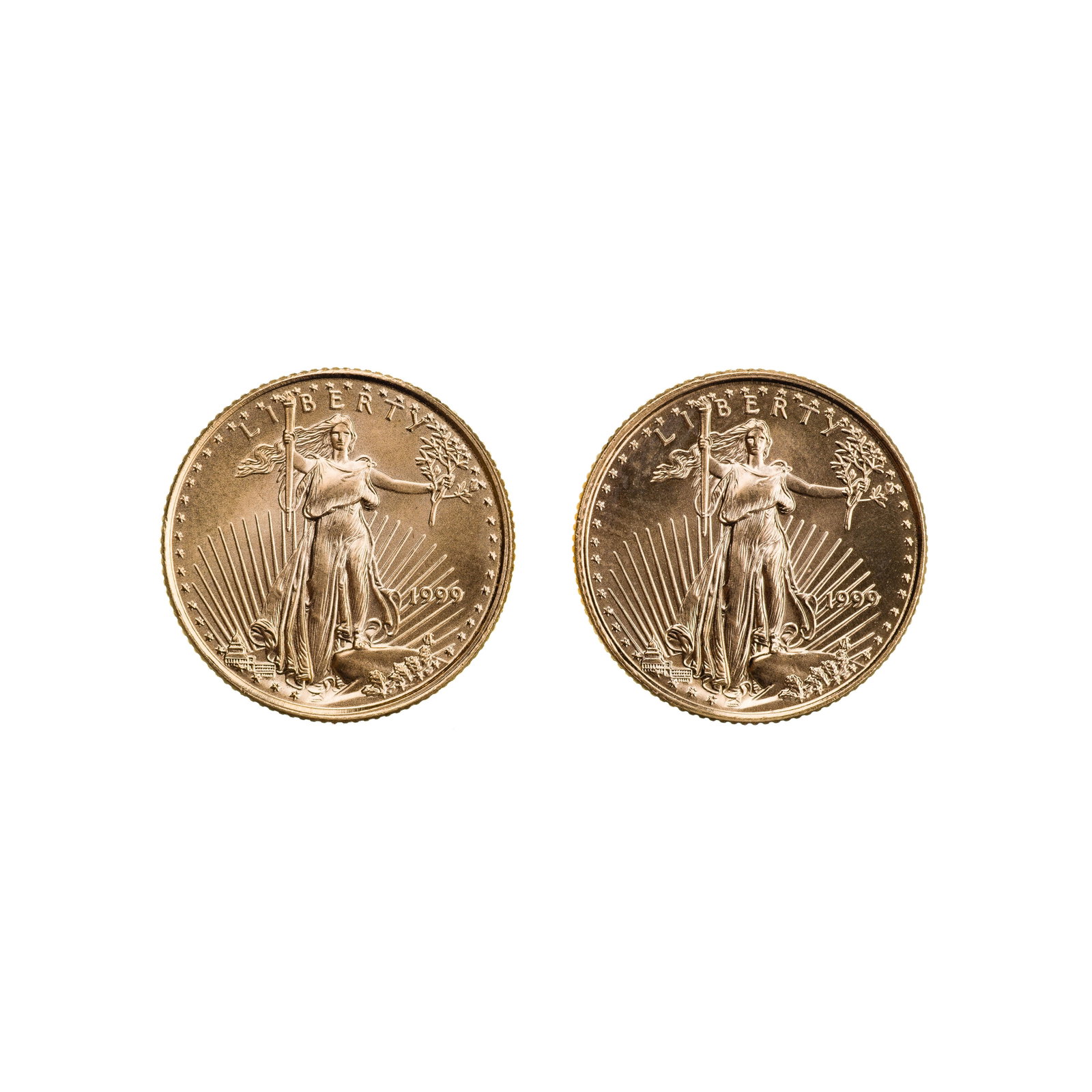 1999 $5 Gold Eagles Unc.: 1999 $5 Gold Eagles Unc. (2) coins Property from: a Private Collector, Chicago (Rogers Park), Illinois Category: Bullion Coins > Gold Bullion Estimated Sale Time: 12:01 pm CST Shipping Status: