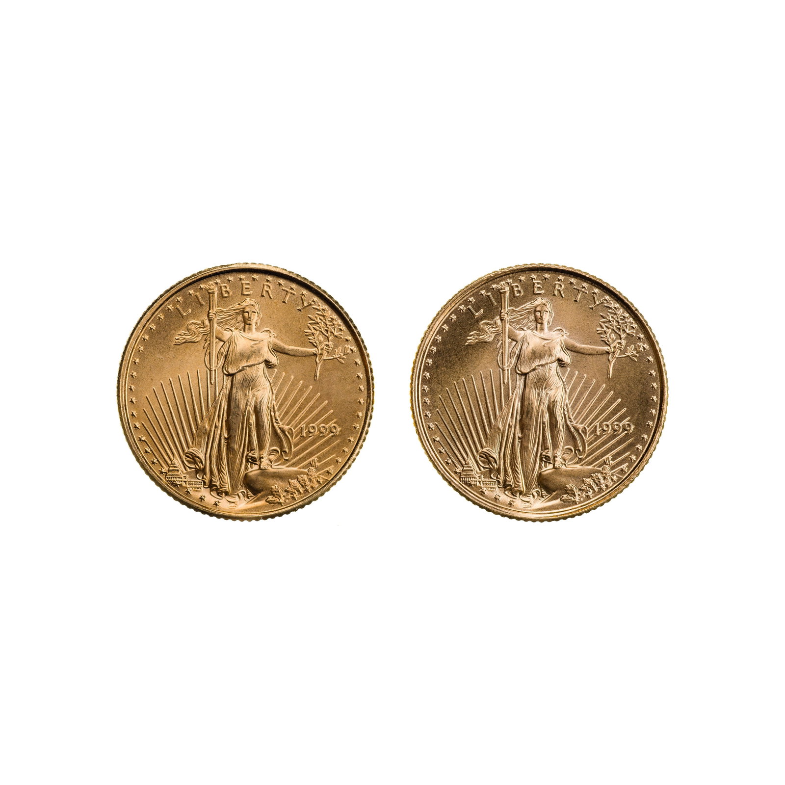 1999 $5 Gold Eagles Unc.: 1999 $5 Gold Eagles Unc. (2) coins Property from: a Private Collector, Chicago (Rogers Park), Illinois Category: Bullion Coins > Gold Bullion Estimated Sale Time: 11:59 am CST Shipping Status: