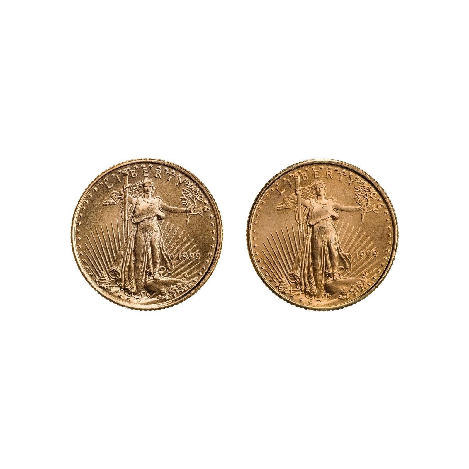 1999 $5 Gold Eagles Unc.: 1999 $5 Gold Eagles Unc. (2) coins Property from: a Private Collector, Chicago (Rogers Park), Illinois Category: Bullion Coins > Gold Bullion Estimated Sale Time: 11:58 am CST Shipping Status: