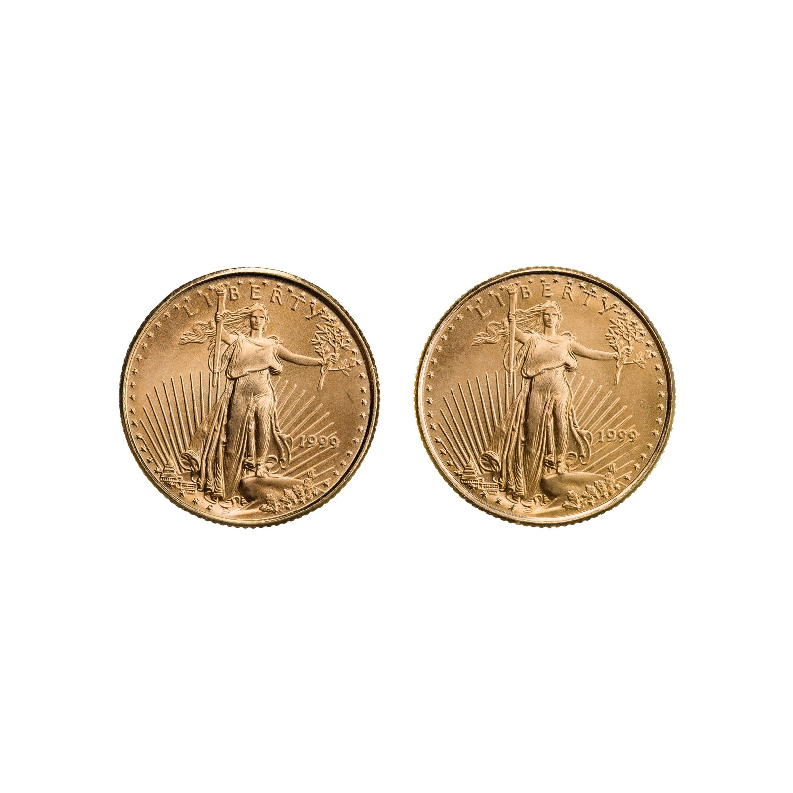 1999 $5 Gold Eagles Unc.: 1999 $5 Gold Eagles Unc. (2) coins Property from: a Private Collector, Chicago (Rogers Park), Illinois Category: Bullion Coins > Gold Bullion Estimated Sale Time: 11:57 am CST Shipping Status: