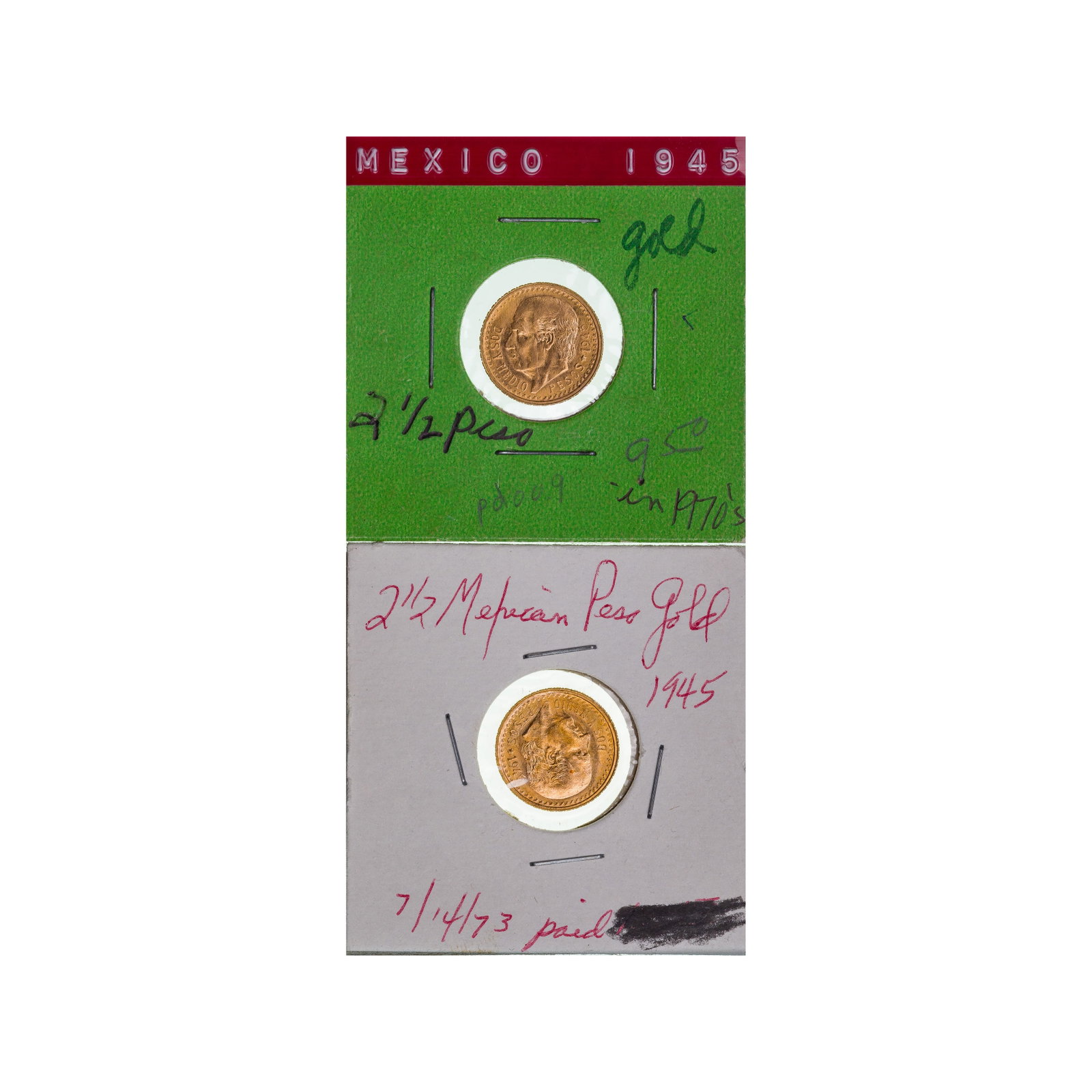 Mexico: 1945 2 1/2 Peso Gold: Mexico: 1945 2 1/2 Peso Gold (2) coins Property from: a Private Collector, Chicago (Rogers Park), Illinois Category: Error Currency > World Estimated Sale Time: 12:35 pm CST Shipping Status: