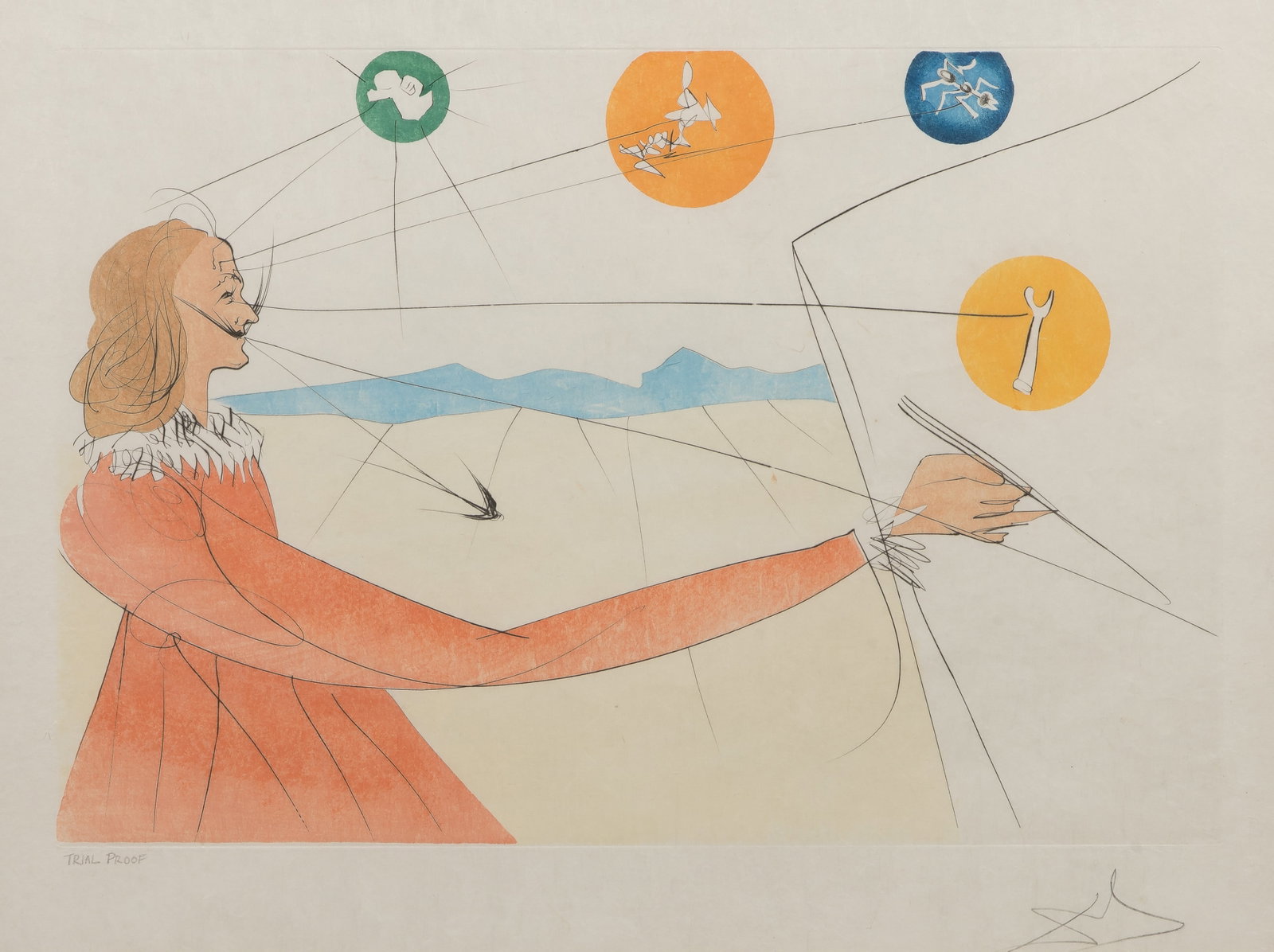 Salvador Dali (Spanish, 1904-1989) 'Dalinean Prophecy' Mixed Media: Salvador Dali (Spanish, 1904-1989) 'Dalinean Prophecy' Mixed Media 1976, signed, trial proof, frontispiece from 'Imaginations and Objects of the Future' suite, drypoint etching and hand coloring, matt