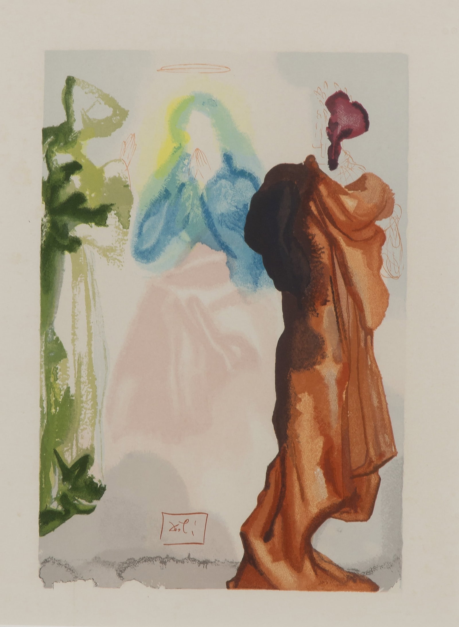 Salvador Dali (Spanish, 1904-1989) 'The Prayer of Saint Bernard' Color Woodcut: Salvador Dali (Spanish, 1904-1989) 'The Prayer of Saint Bernard' Color Woodcut Undated, unsigned woodcut after a watercolor illustration of Dante's 'Divine Comedy', #4002/4765, matted behind glass in 