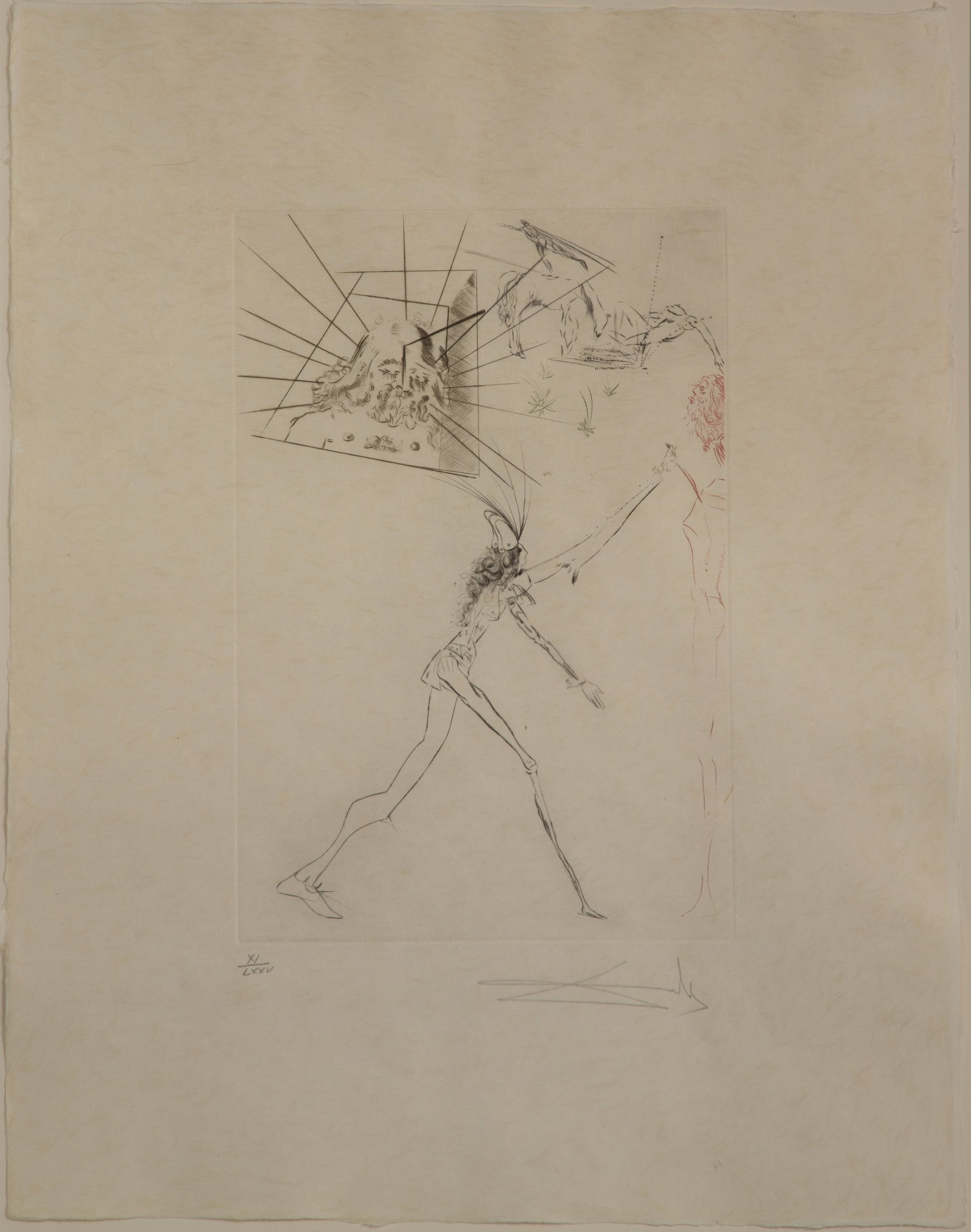 Salvador Dali (Spanish, 1904-1989) 'Les Trois Barons Felons' Color Etching and Drypoint: Salvador Dali (Spanish, 1904-1989) 'Les Trois Barons Felons' Color Etching and Drypoint 1970, pencil signed, #XI/LXXV, from the 'Tristan and Iseult' portfolio, full sheet float mounted within mat behi
