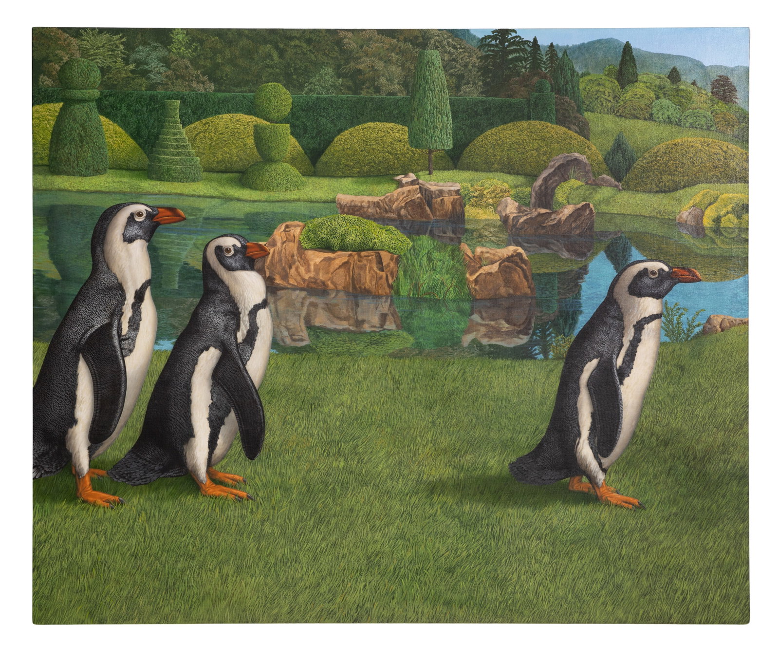 Tom Palmore (American, b.1945) '3 Penguins' Oil on Canvas: Tom Palmore (American, b.1945) '3 Penguins' Oil on Canvas 1977, signed verso, depicting three penguins walking, having an unexpected, stylized and ironic background, unframed, Louis Meisel NY Gallery 